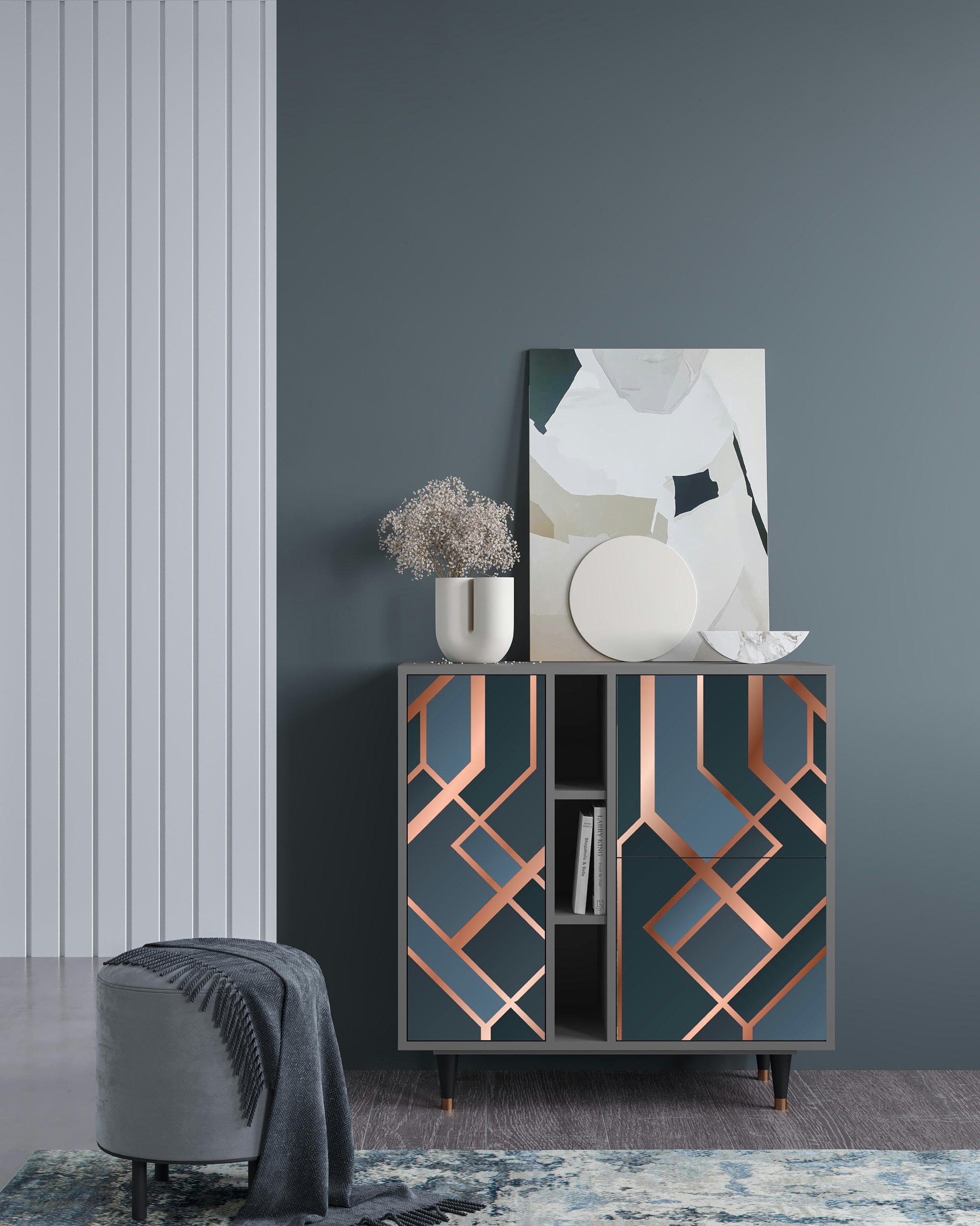 ASHY 1920' - Buffet  bleu-vert 3 portes L 94 cm