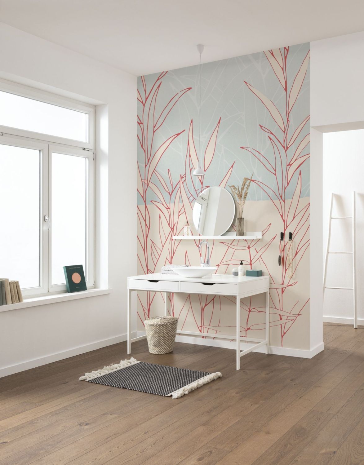 Sanders & Sanders fotobehang getekende bladeren rood, roze en lichtblauw - 200 x 280 cm - 611975