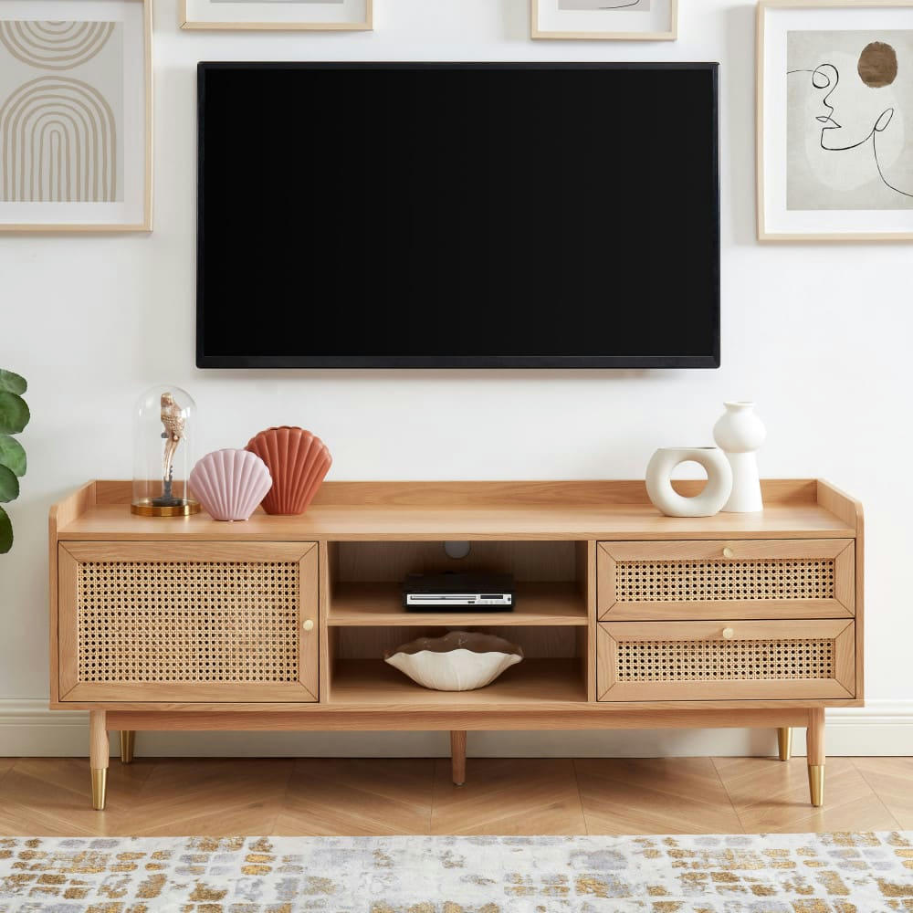 BOMBONG - Meuble TV 1 porte 2 tiroirs en bois et cannage L160cm bois clair