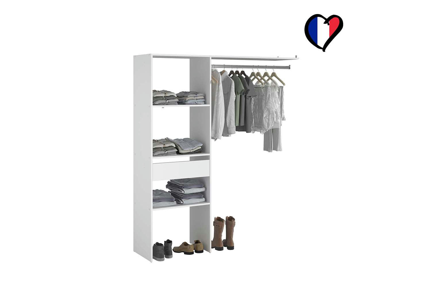 ELYSEE - Dressing blanc 3 étagères, 1 tiroir, penderie 160 x 40 x 180 cm