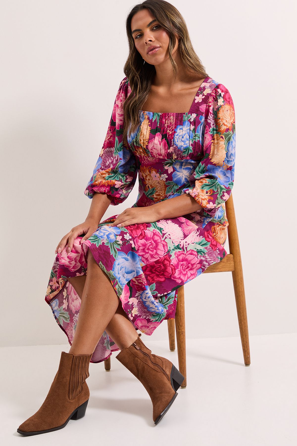 Dorothy Perkins Floral Ruched Bust Drop Waist Midi Dress