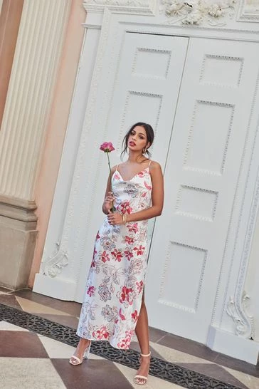 Quiz Cream Satin Floral Cowl Neck Midi Dress