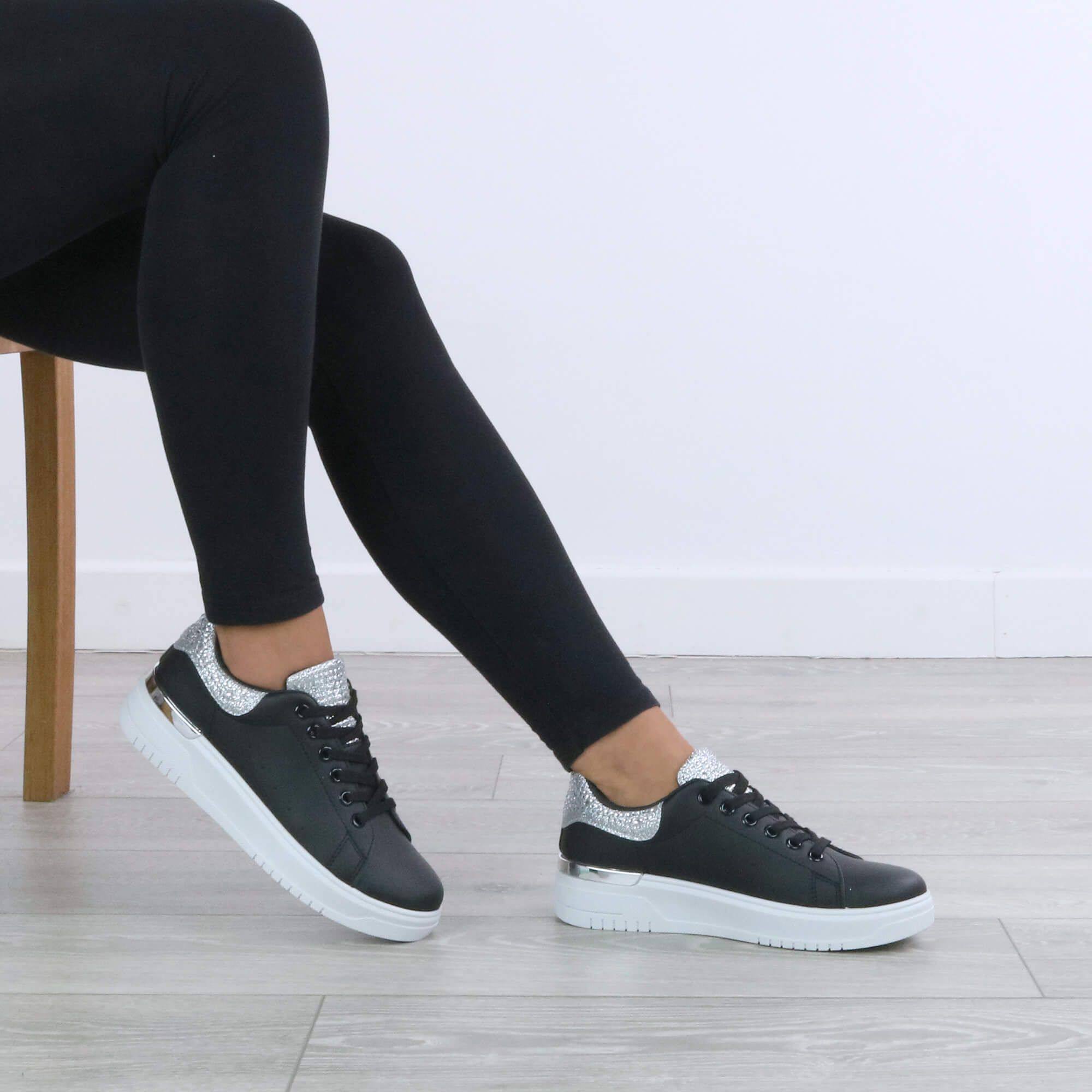 AJVANI Low Wedge Heel Crystal Flat Chunky Sole Lace up Glitter Trainers