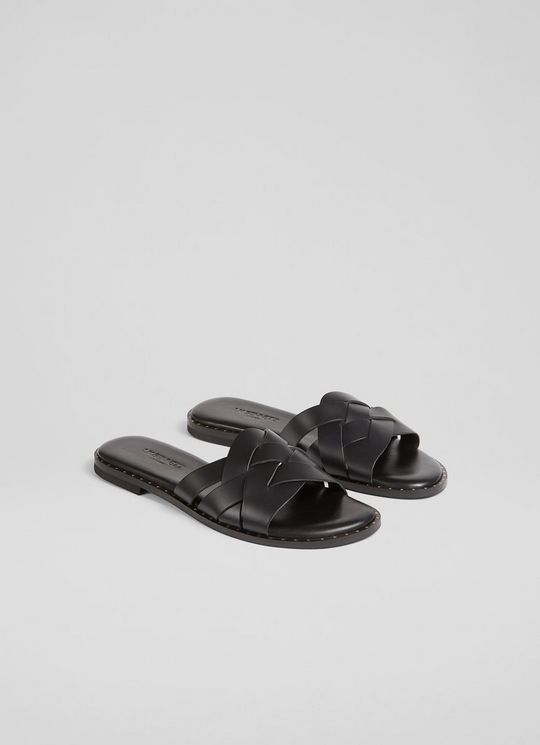 Amara Black Calf Leather Flat Sandals