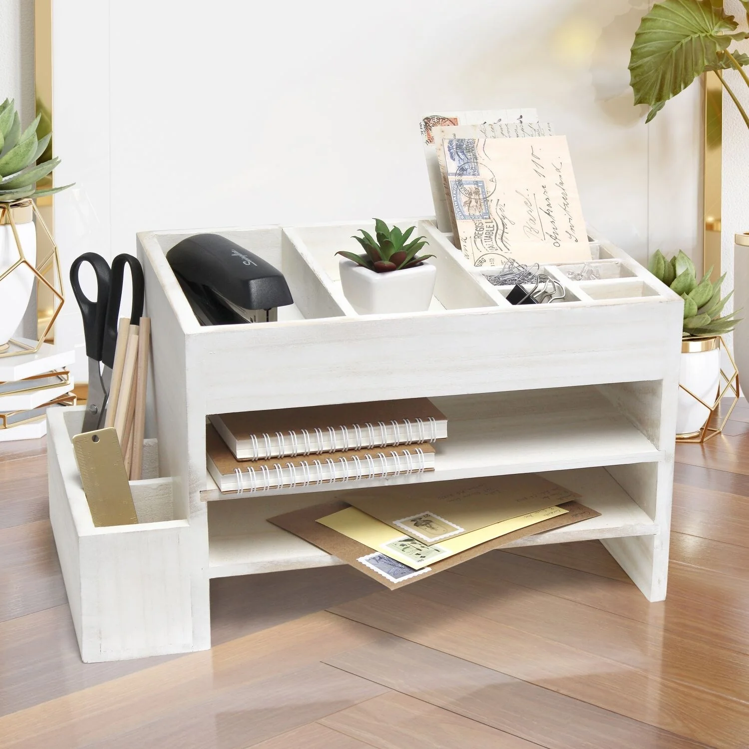 15.5 White Home Office Desk Organizer Storage Cubbies Letter Tray