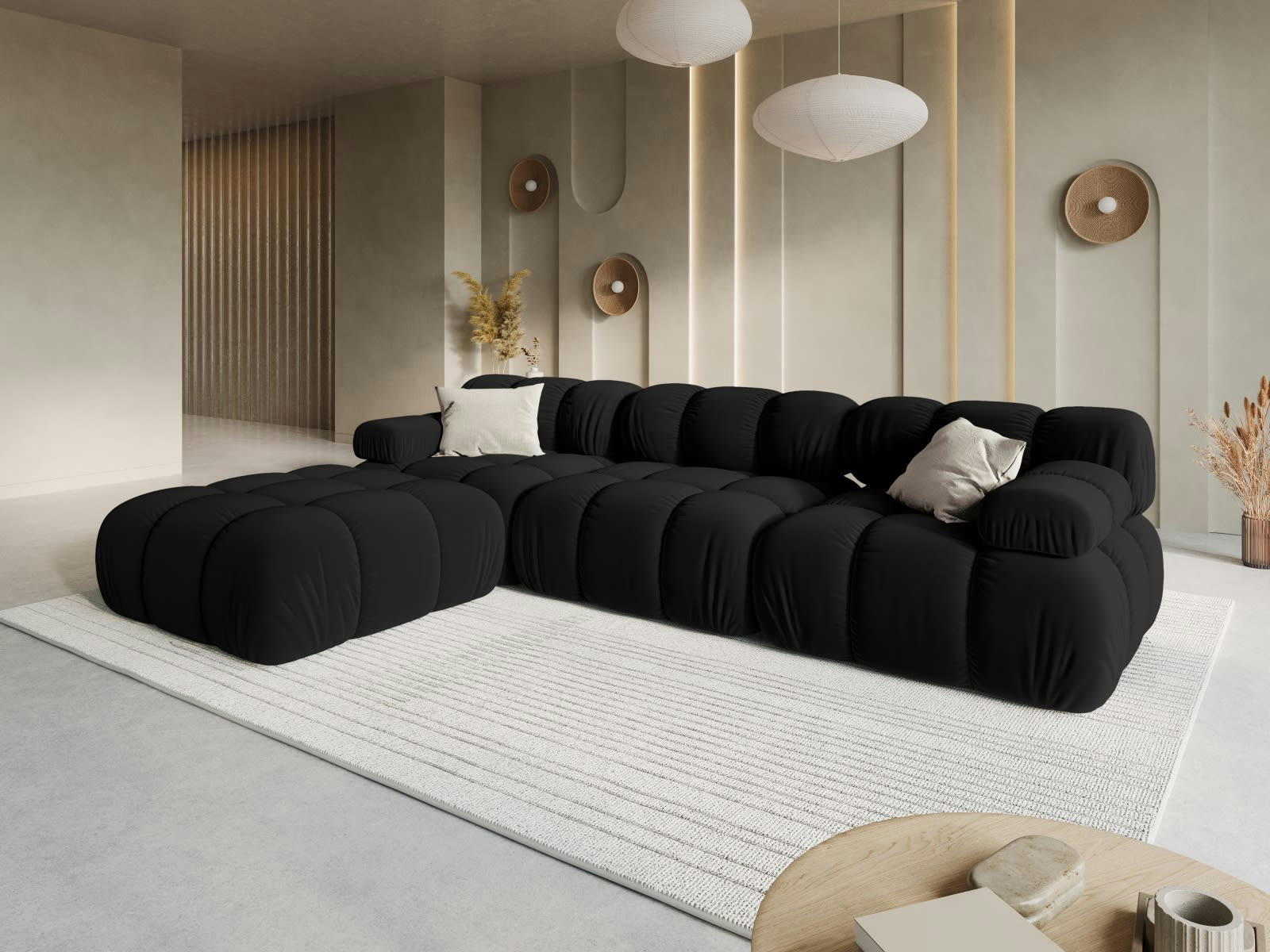 BELLIS - Canapé modulable 4 places en tissu velours noir
