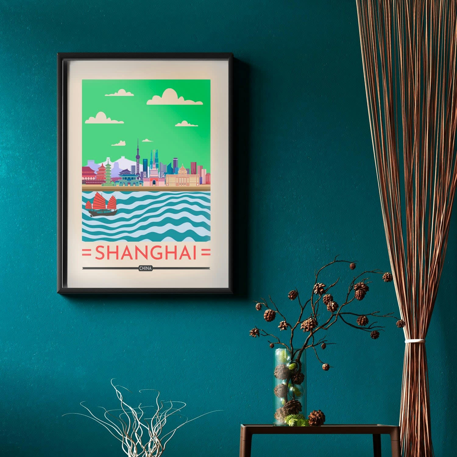 CIUDADES - Affiche avec cadre noir - Shanghai - 50x70