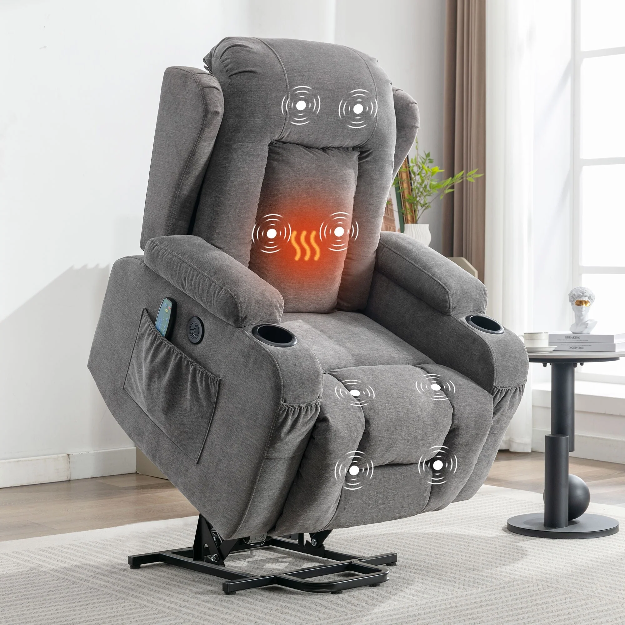 Power Lift Recliner Chair with Heat, Massage, USB Port, and Side Pocket for Elderly, Adjustable Reclining for Living Room