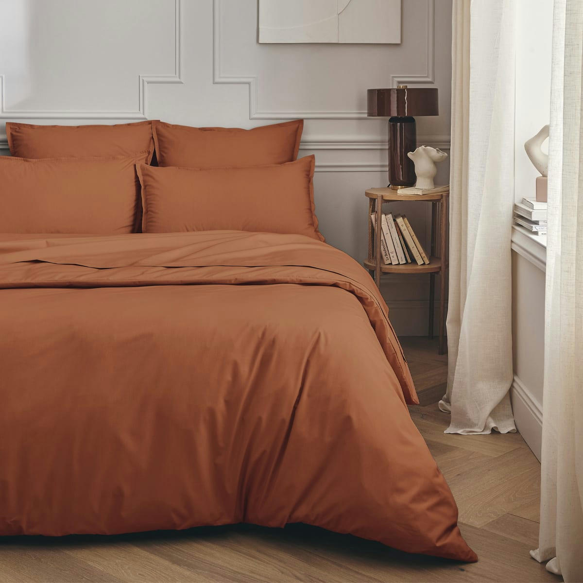 PREMIÈRE - Drap plat en percale de coton terre de sienne 180x290