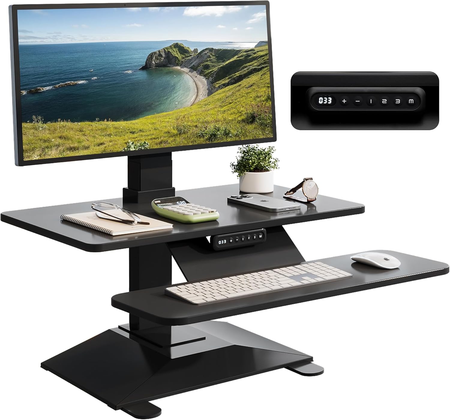Electric Standing Desk Converter 28 Wide, Height Adjustable Desk Riser, Computer Workstation, Sit-Stand Convertor for Home, Office, School (Black, 1 Arm Included)