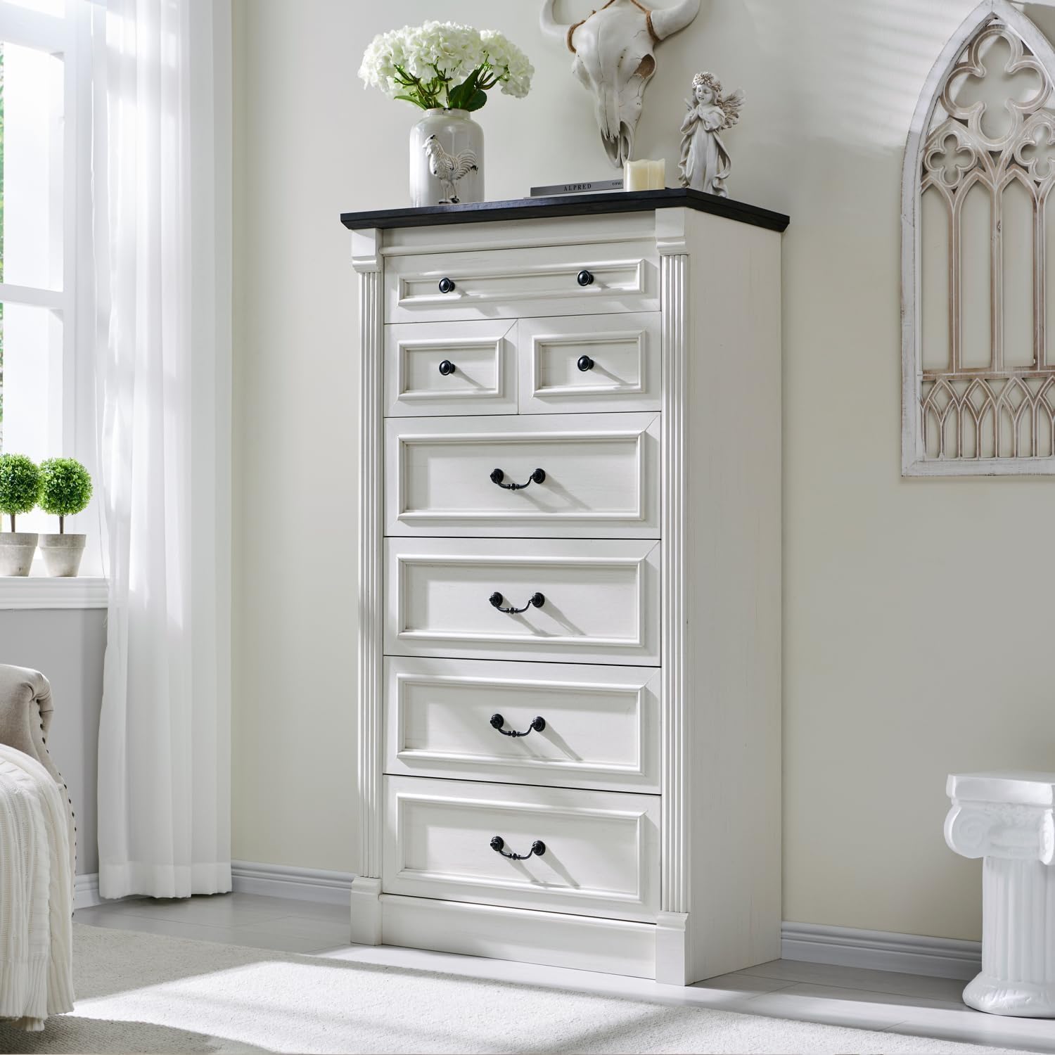 Farmhouse 7 Drawers Dresser for Bedroom, 57 Tall Dressers & Chests of Drawers w/Roman Column, Large Storage Dressers Organizer for Bedroom, Hallway, Living Room, White