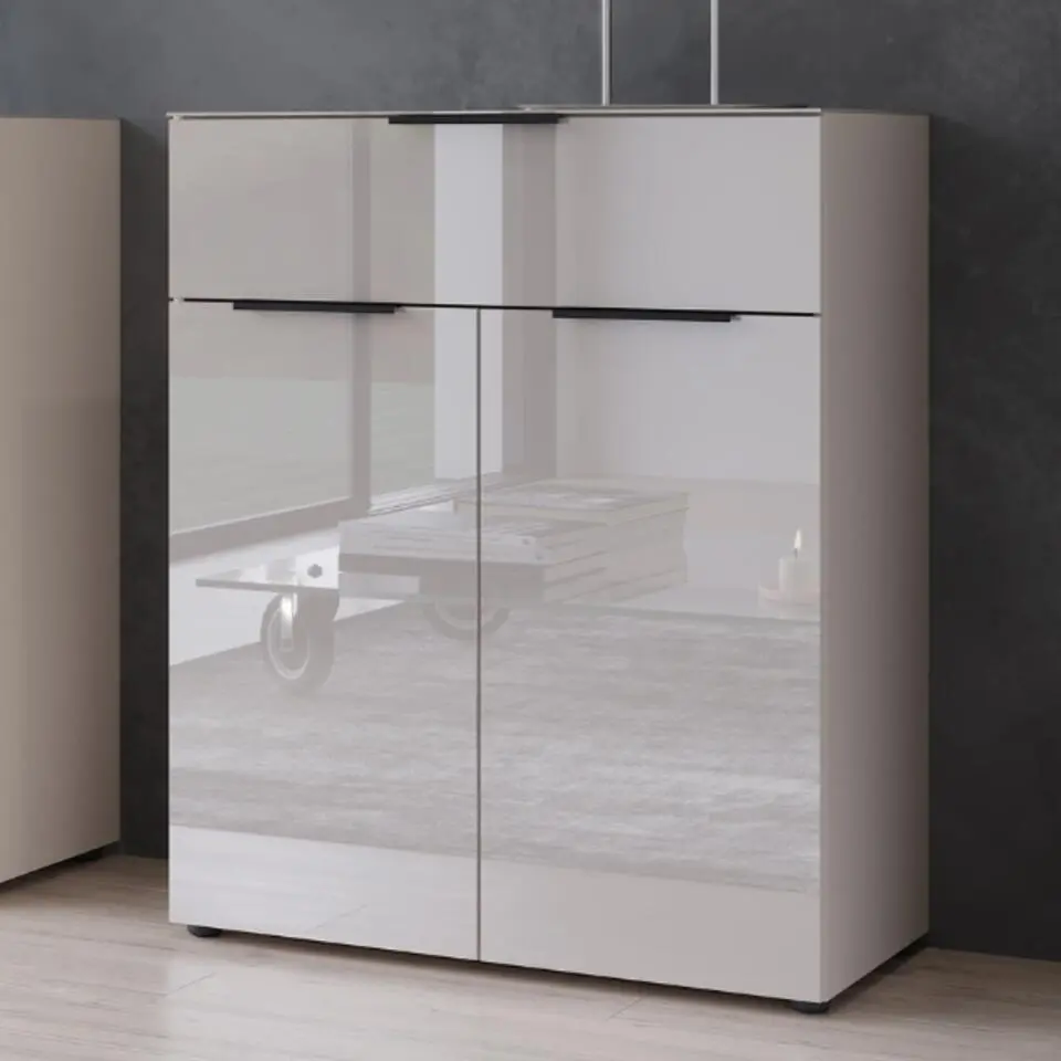 Commode Dudek met 2 deuren; 1 lade - fronten in glas - beige