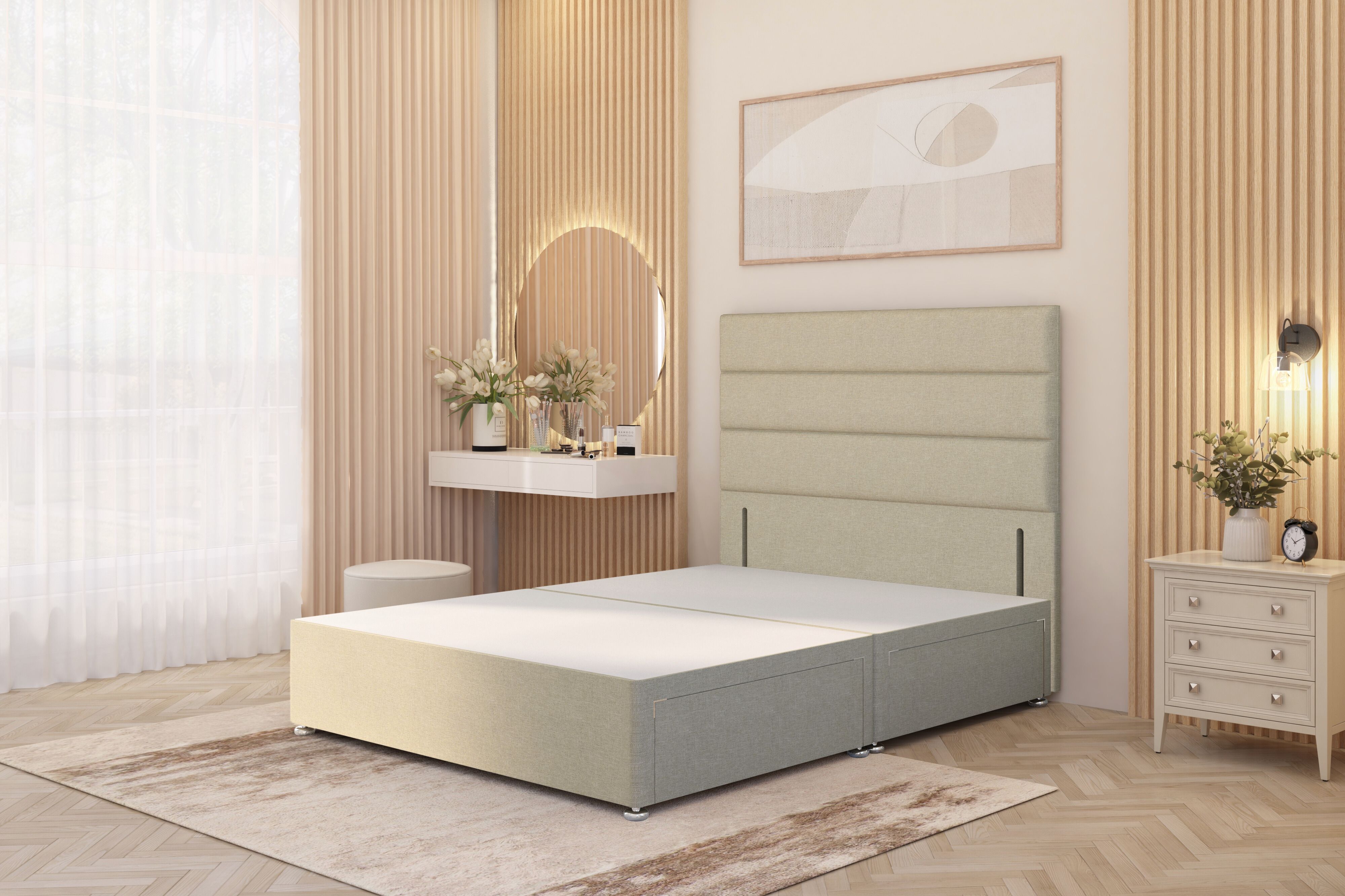 Somnior Chambery Divan Bed Frame 2 Drawers with Floor Standing Headboard Linen
