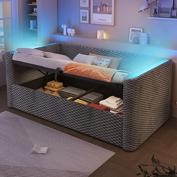Daybed avec éclairage LED, canapé-lit 90 x 200 cm, lit coffre avec hydraulique, sommier à lattes (sans matelas), velours, gris
