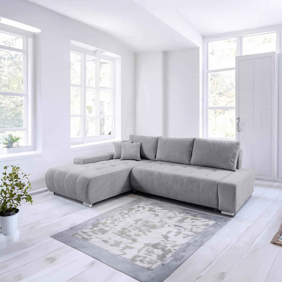 - Canapé d'angle convertible gauche 4 places coffre velours côtelé gris