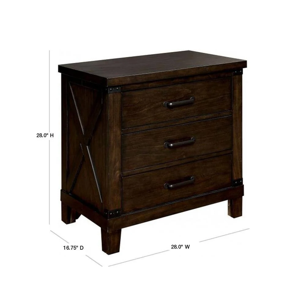 Rustic Style 1pc Nightstand Bedroom Furniture Solid wood 3-Drawers bedside Table Bar Pulls