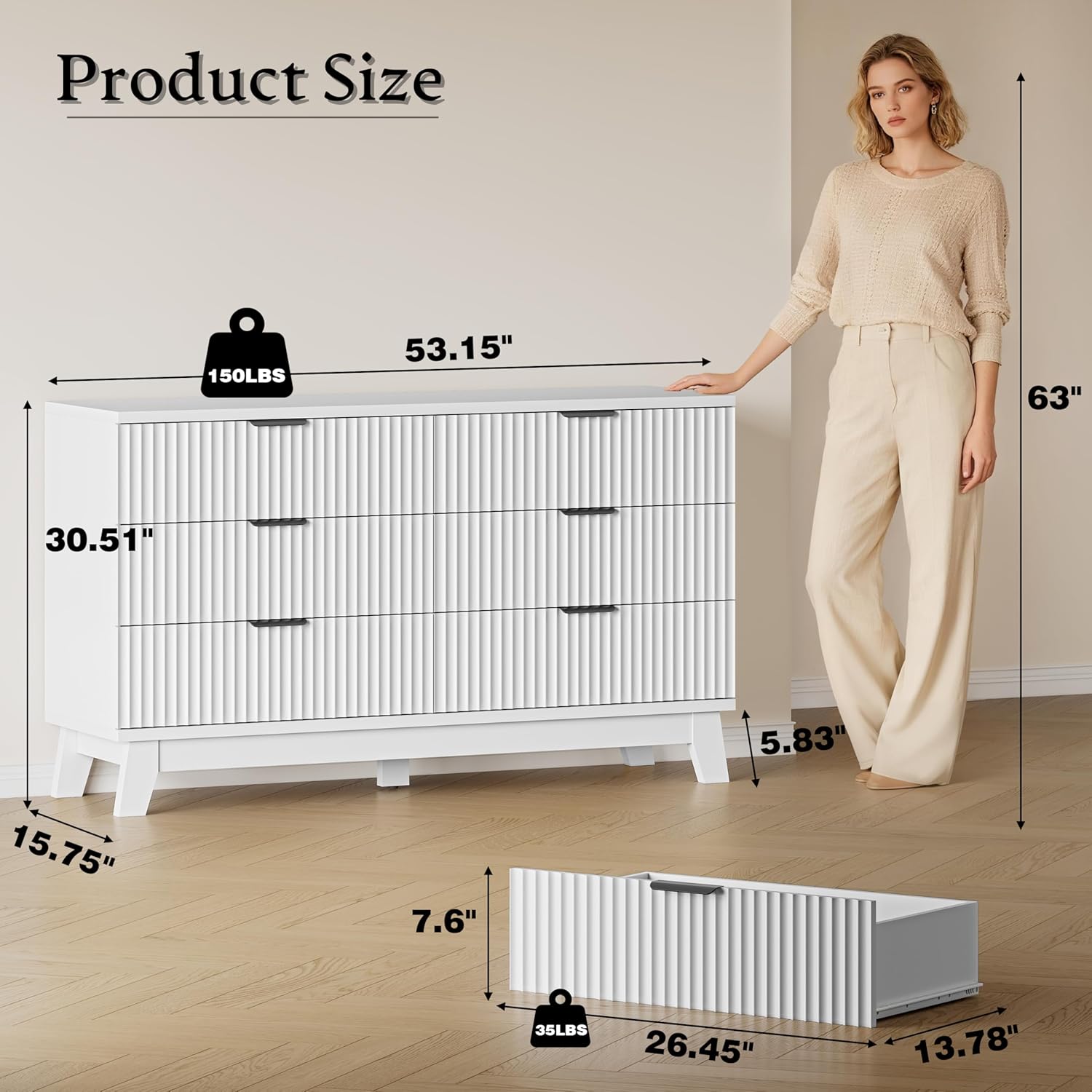 53 Long Dresser for Bedroom, 6-Drawer Dresser with Fluted Fronts, Wide Wood Chest of Drawers, Smooth Metal Slides, Stable Base, Modern Clothes Storage Cabinet for Living Room, Hallway