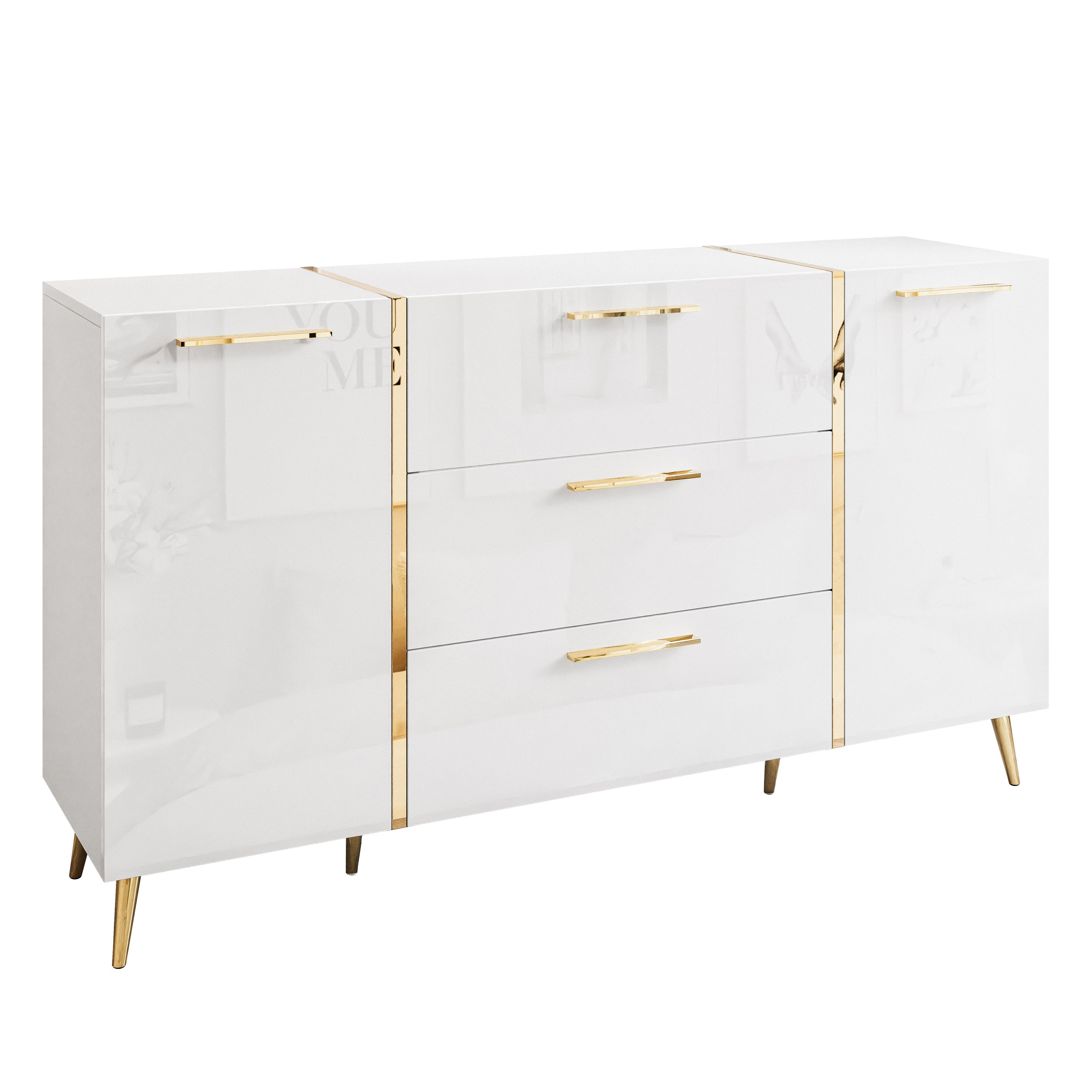 Komoda ONYX biały połysk Złote nóżki 158cm UCHWYTY