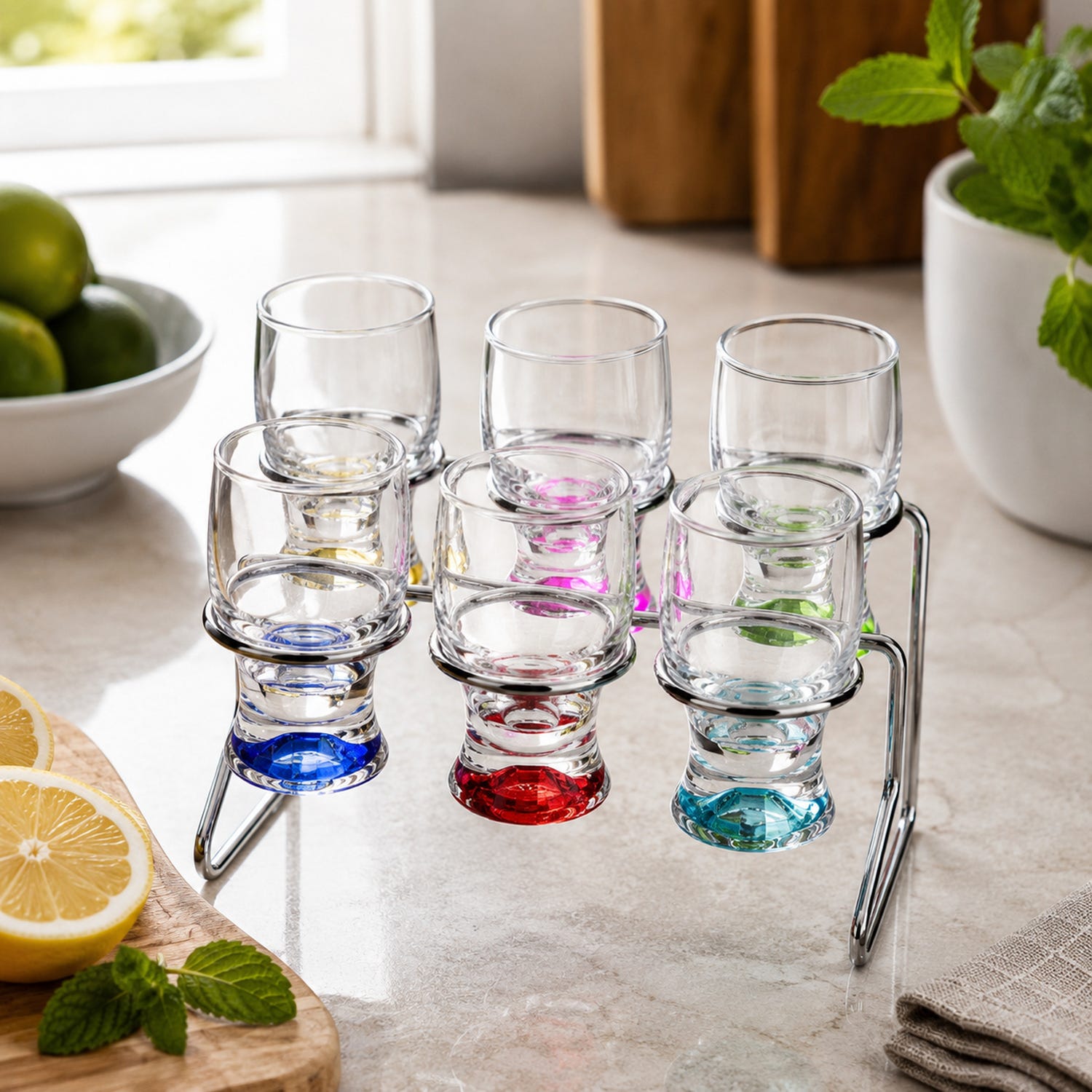Set 6 bicchierini liquore vetro colorati stand