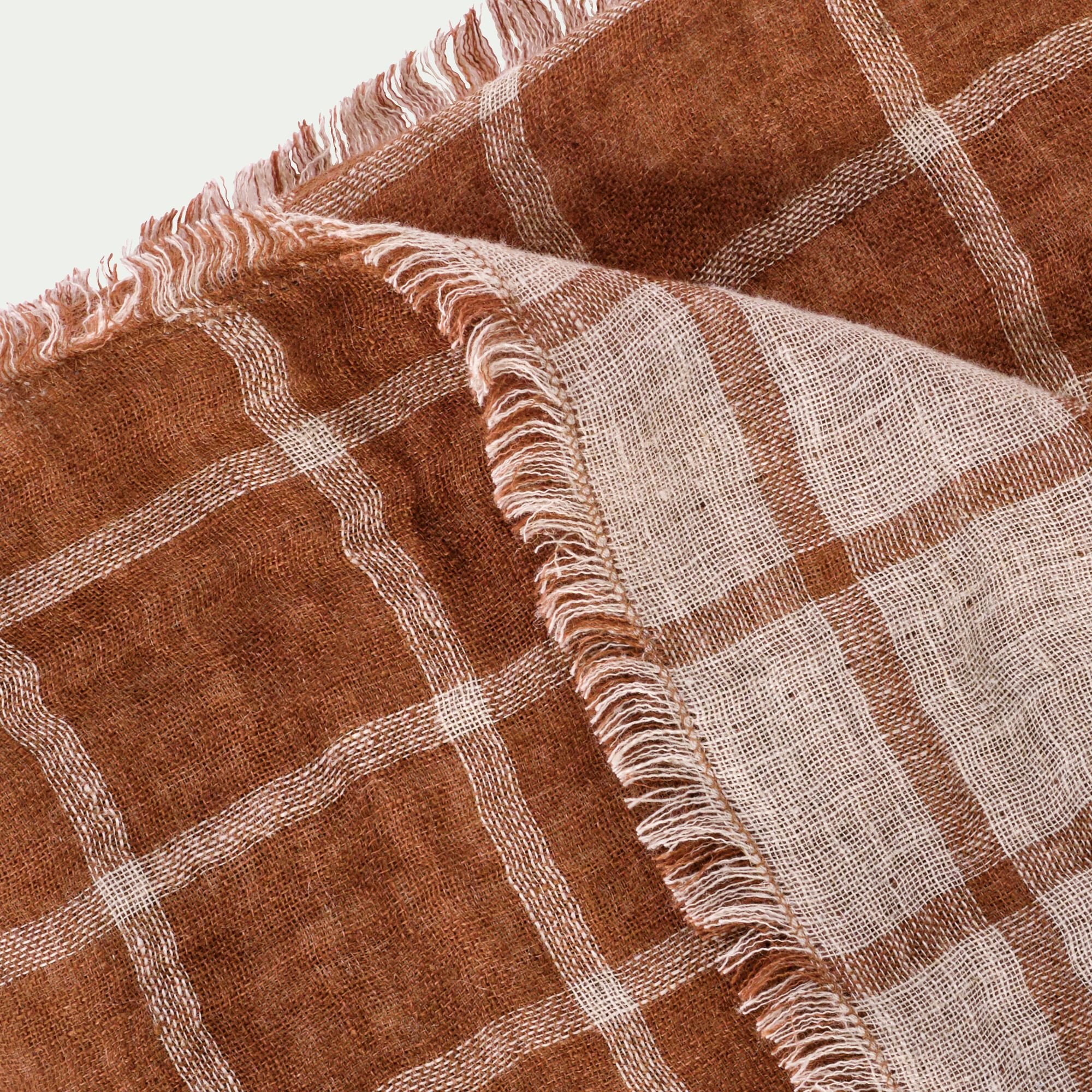 VALBEL - Plaid à carreaux en lin lavé 130x170cm - marron