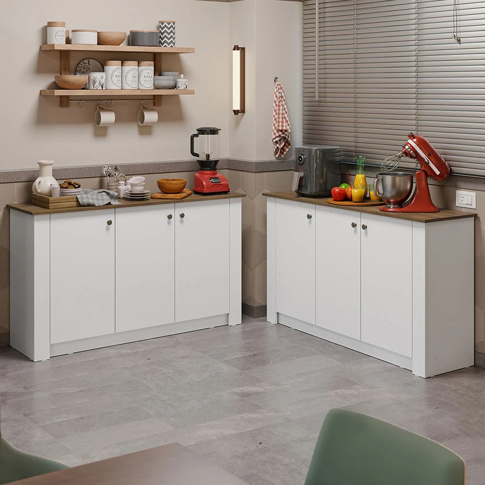 Madesa Kitchen Set 2 Buffet Cabinet with 6 Doors, Pantry Storage for Small Appliances, Utensils, Food Organization - White