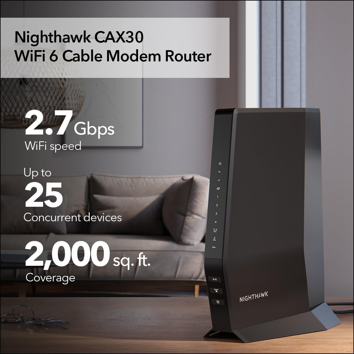 NETGEAR Nighthawk Modem Router Combo (CAX30) DOCSIS 3.1 Cable Modem and WiFi 6 Router - AX2700 2.7 Gbps - Compatible with Xfinity  Spectrum  Cox  and More - Gigabit Wireless Internet