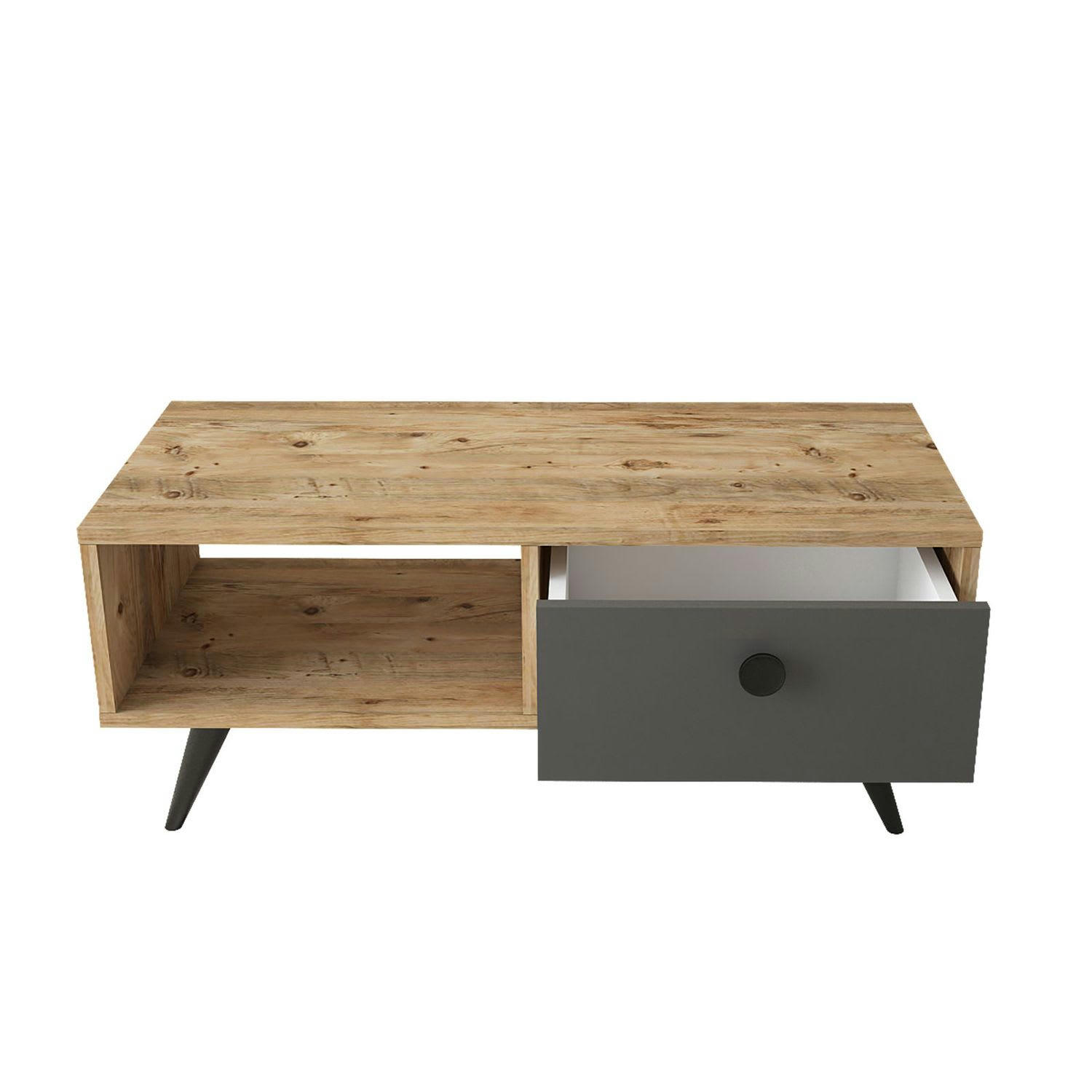 - Table basse avec 1 niche de rangement et 1 tiroir en panneaux de