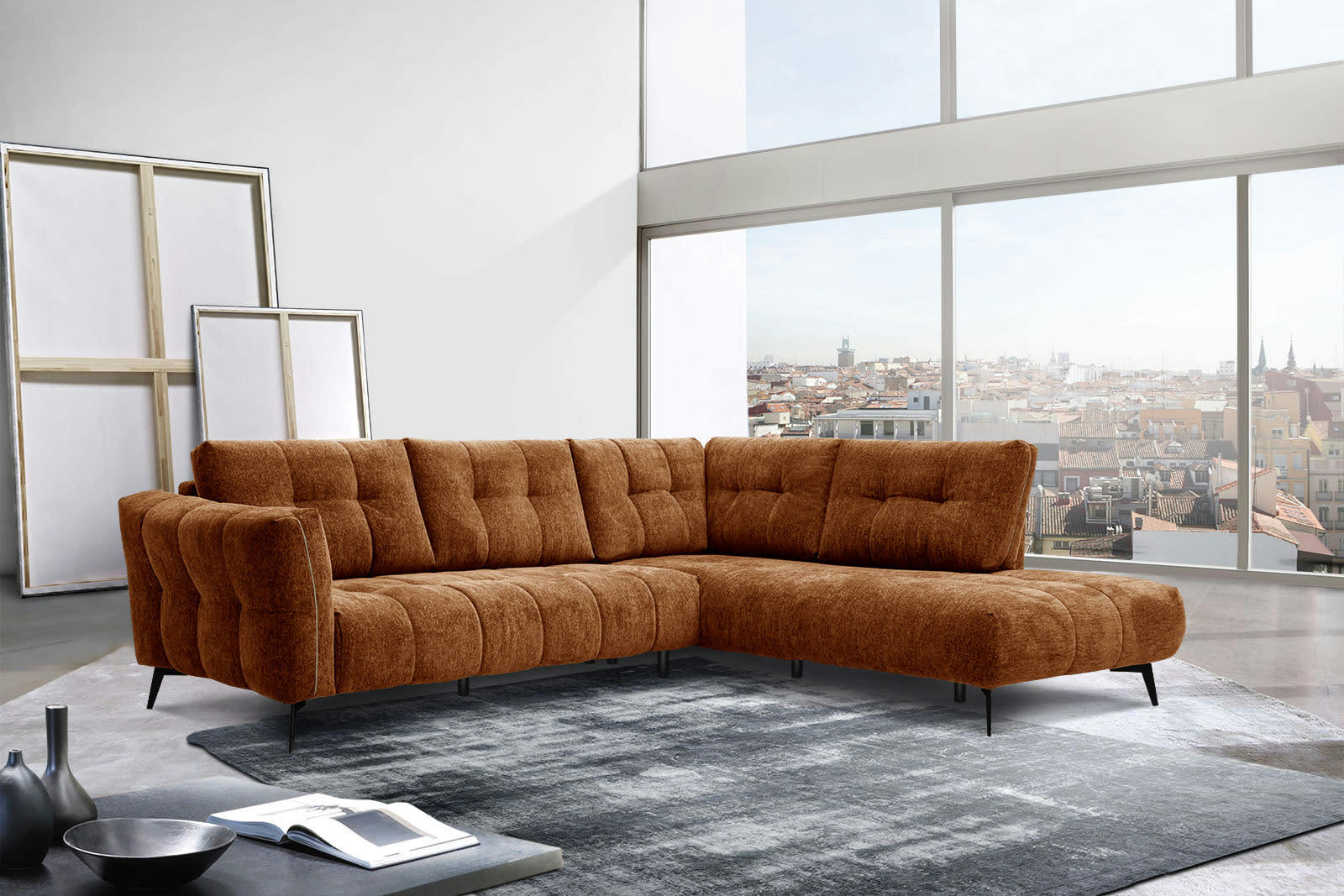 KALMER - Canapé d'angle droit 5 places tissu brique