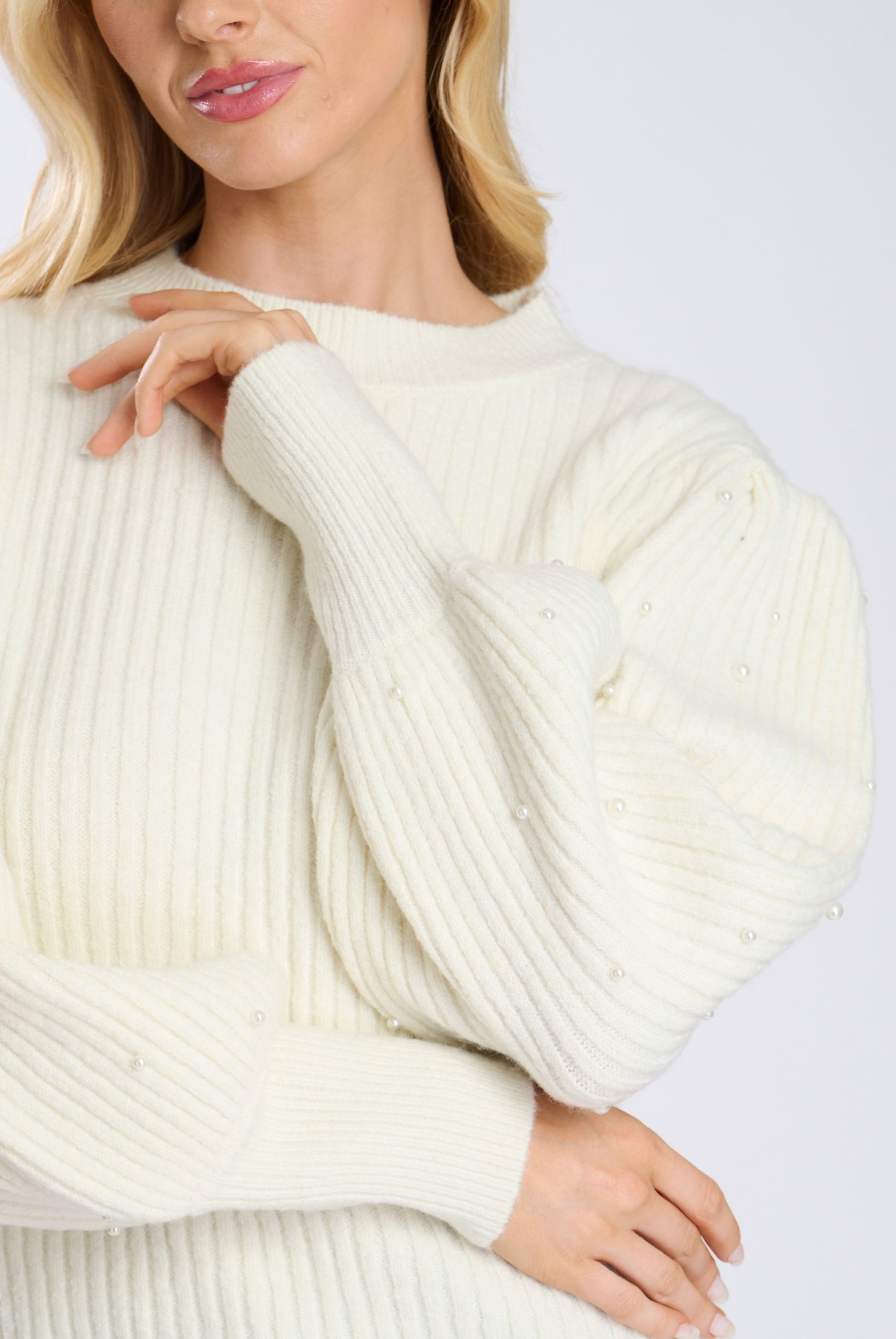 Finding Friday Crew Neck Embellished Sleeve Knitted Jumper