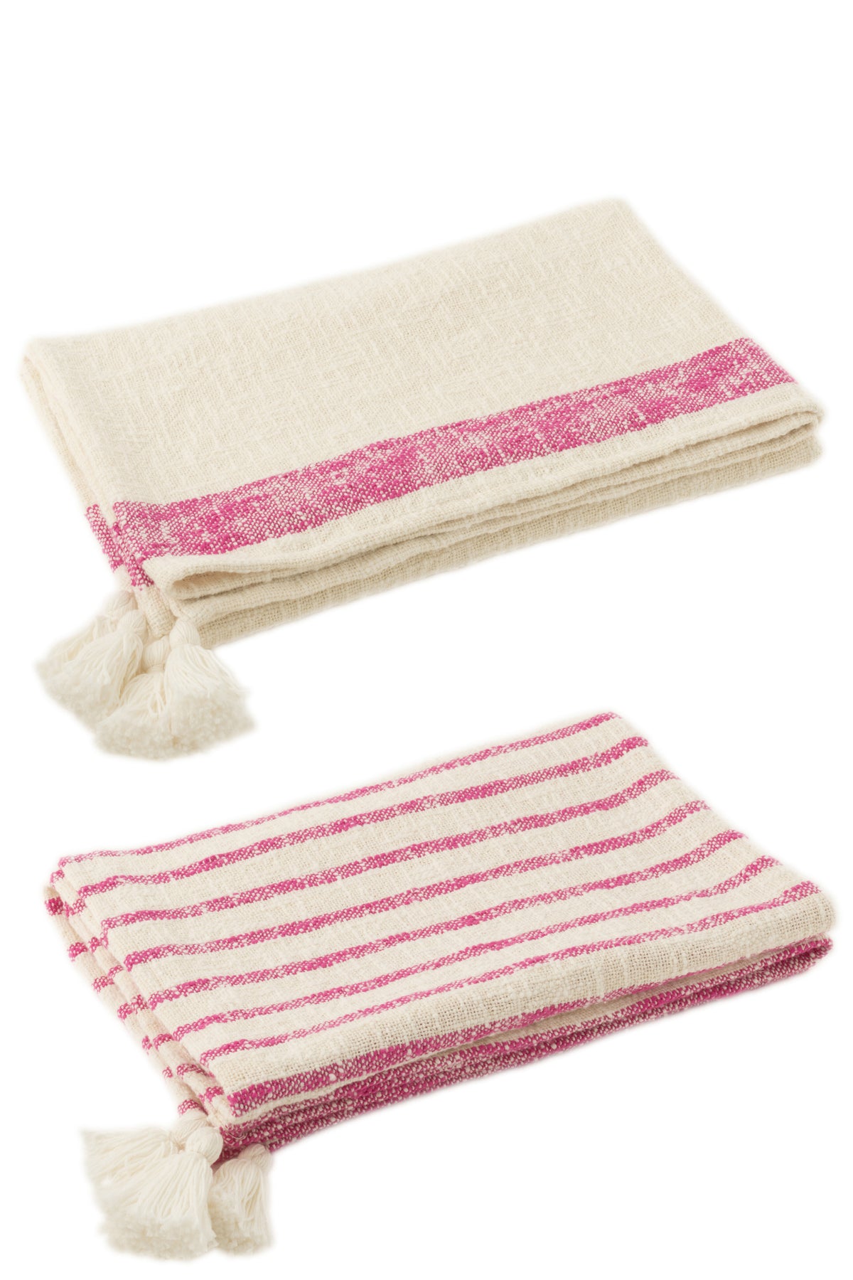 J-Line plaid Strepen   Kwasten - katoen - wit/roze - 2 stuks