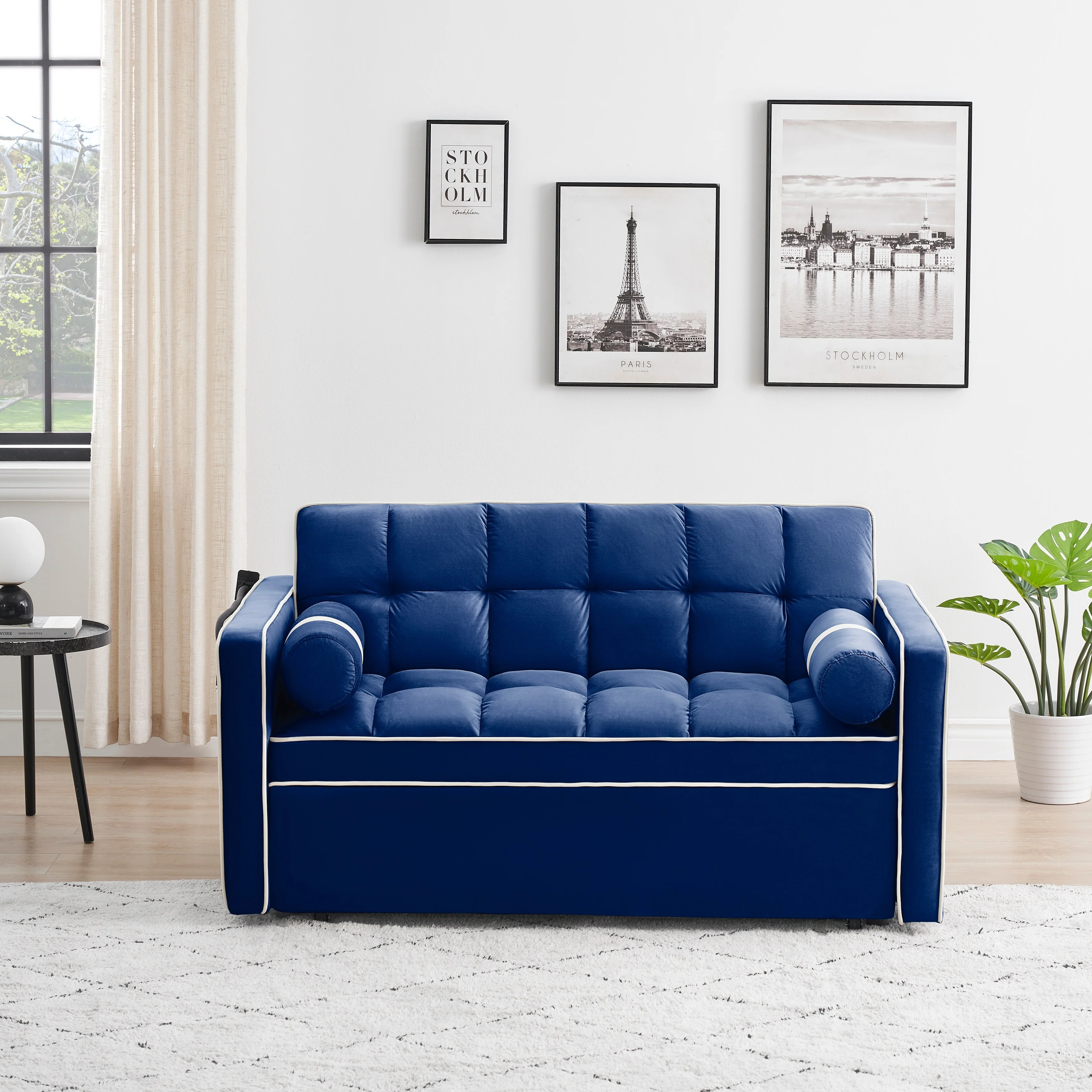 Blue 55'' Convertible Velvet Sleeper Sofa for Two, Pull-Out Bed with Adjustable Recline, Side Pockets, and Phone Holder