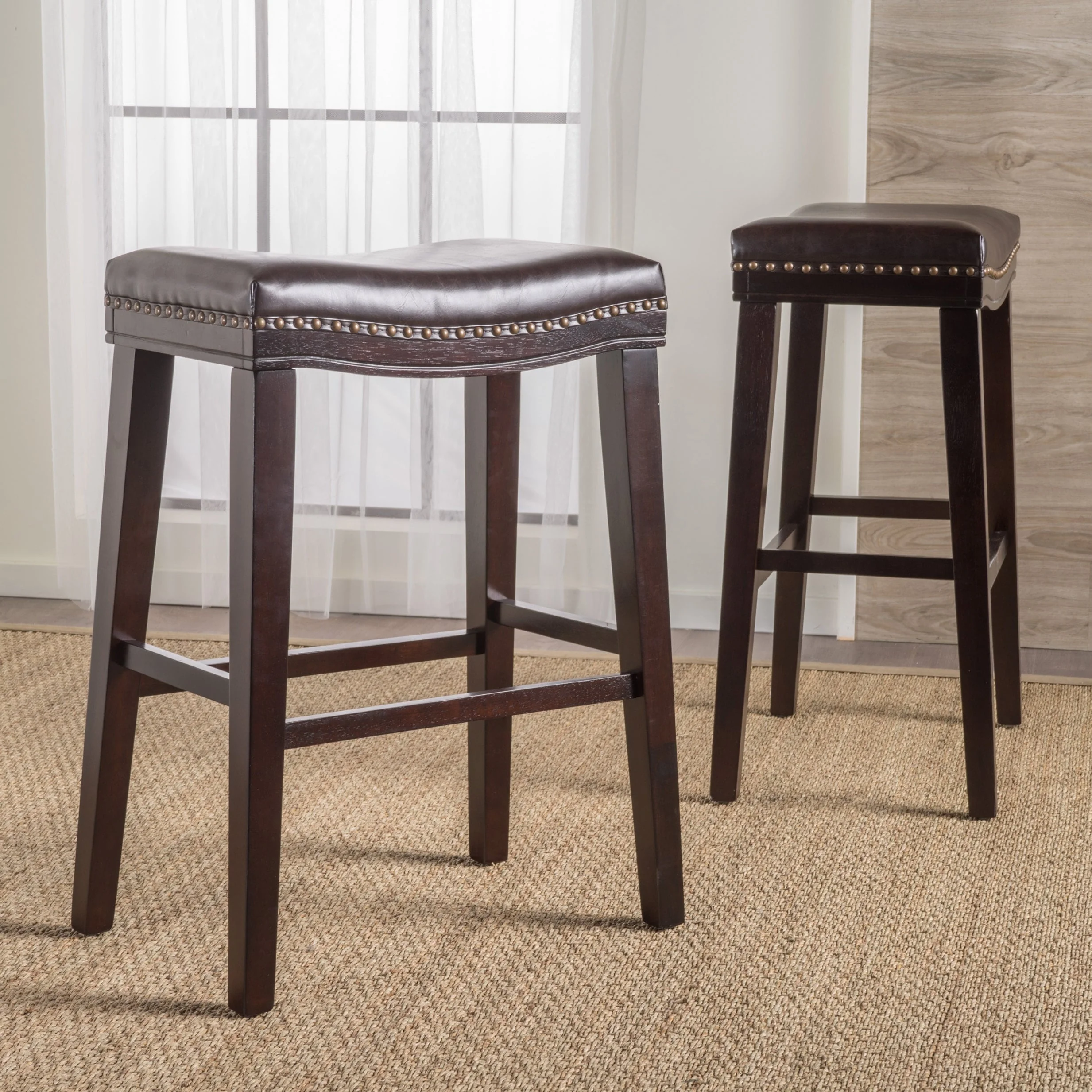 Rosalie 30-inchSaddle Studded Faux Leather Barstool (Set of 2) by Christopher Knight Home