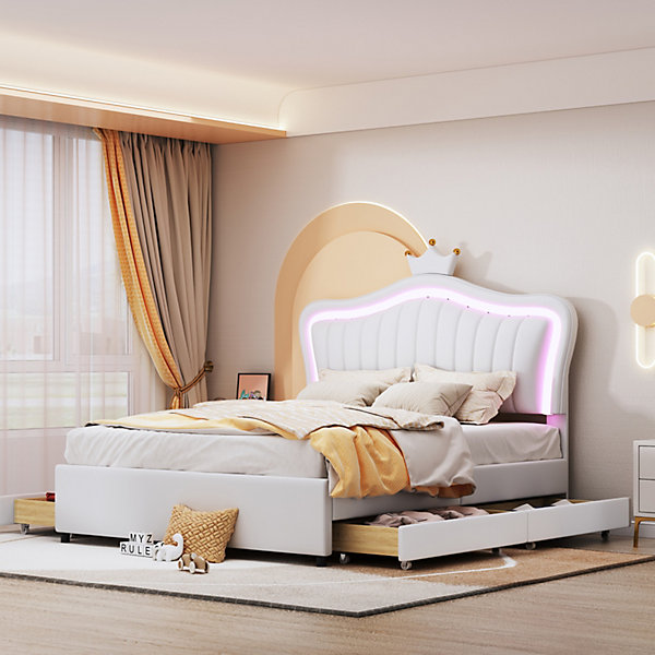 Lit adulte LED avec 4 tiroirs, sommier à lattes et tête de lit avec couronne, en cuir PU, blanc 140x200cm