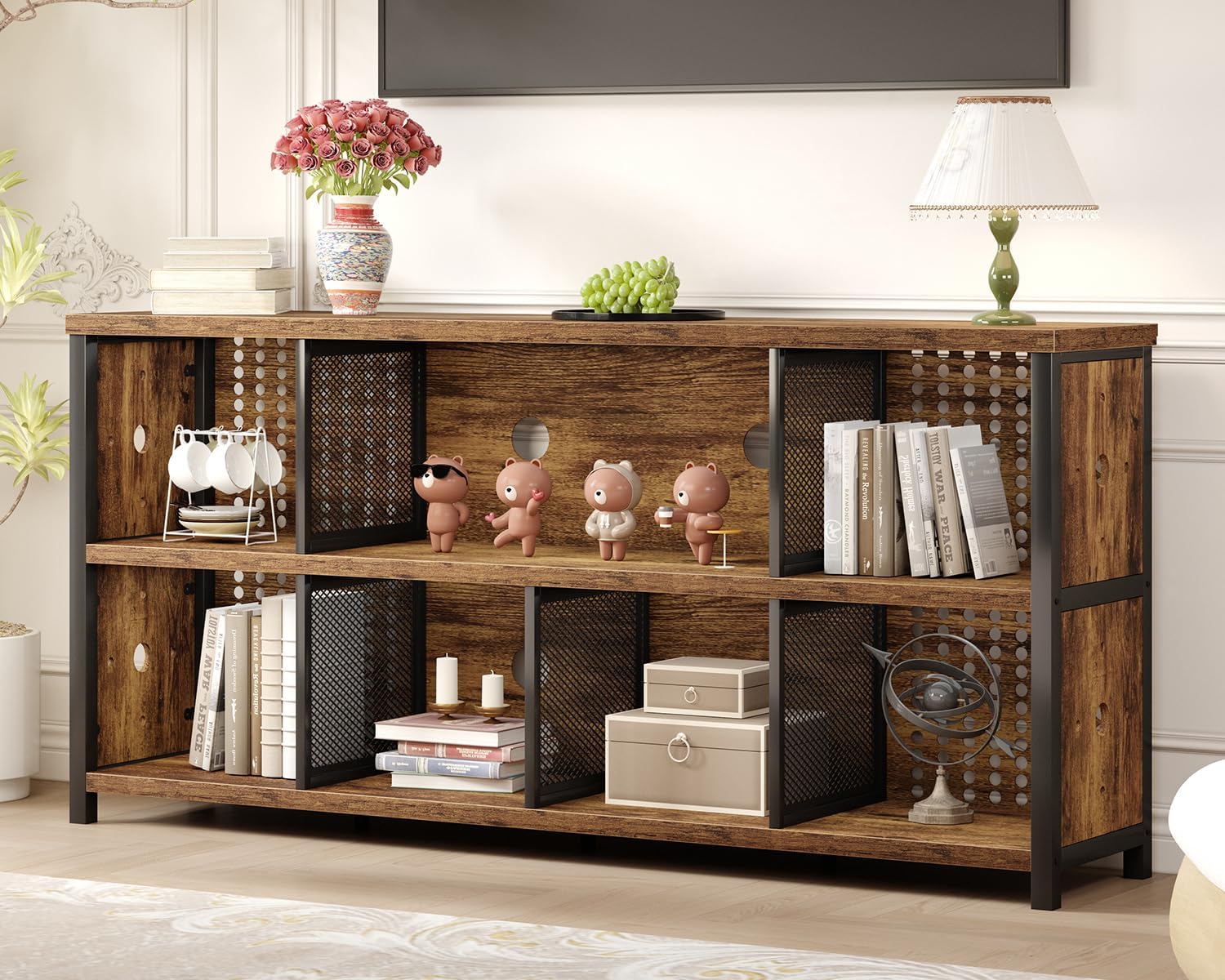 LVB Rustic Horizontal Bookshelf, Industrial Bookcase Cube Storage Organizer, Wide Large Metal Wooden Office Cube Shelf, Farmhouse Low Long Book Shelf for Home Bedroom Living Room, Rustic Brown, 63 in