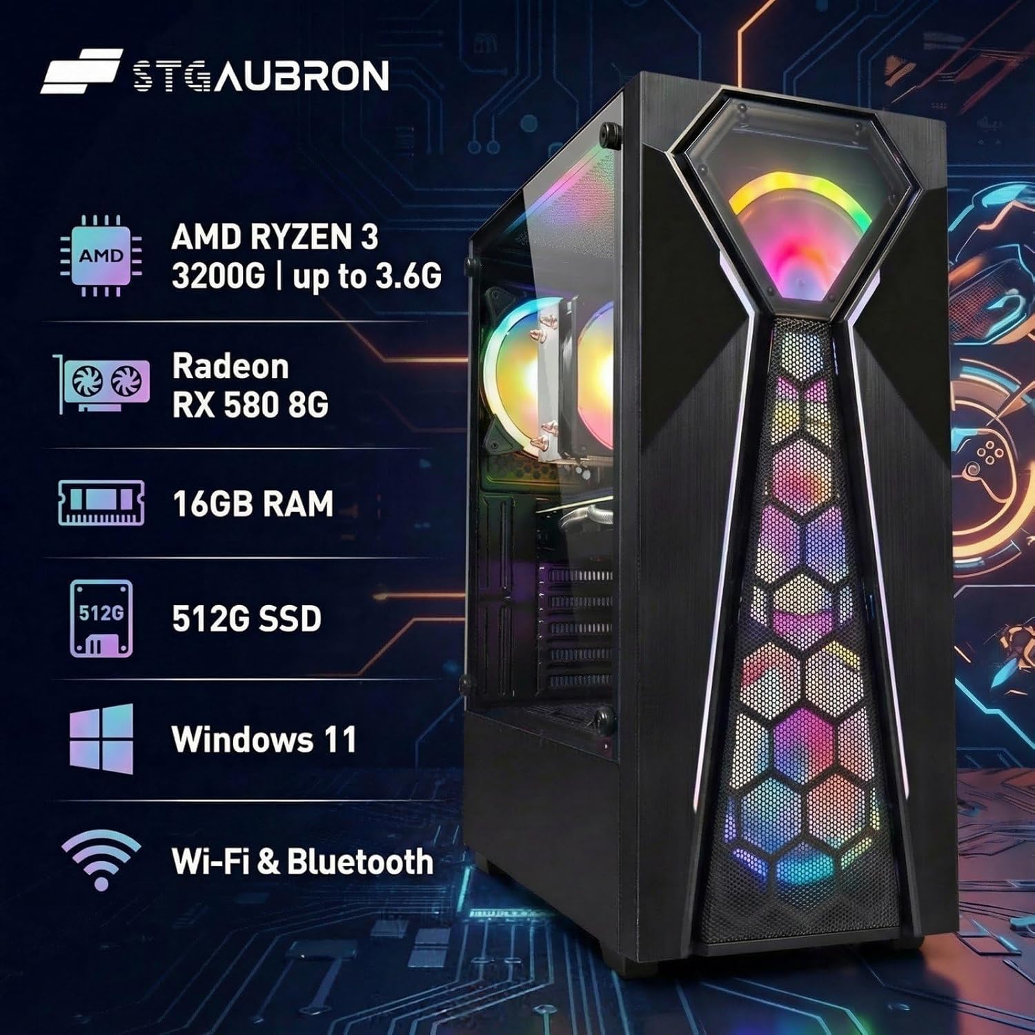 STGAubron Gaming PC Desktop Computer  AMD Ryzen 3 3200G 3.6 GHz  Radeon RX 580 8G  16G RAM  512G SSD  WiFi 6  BT 5.0  RGB Fan x 4  Windows 11 Home