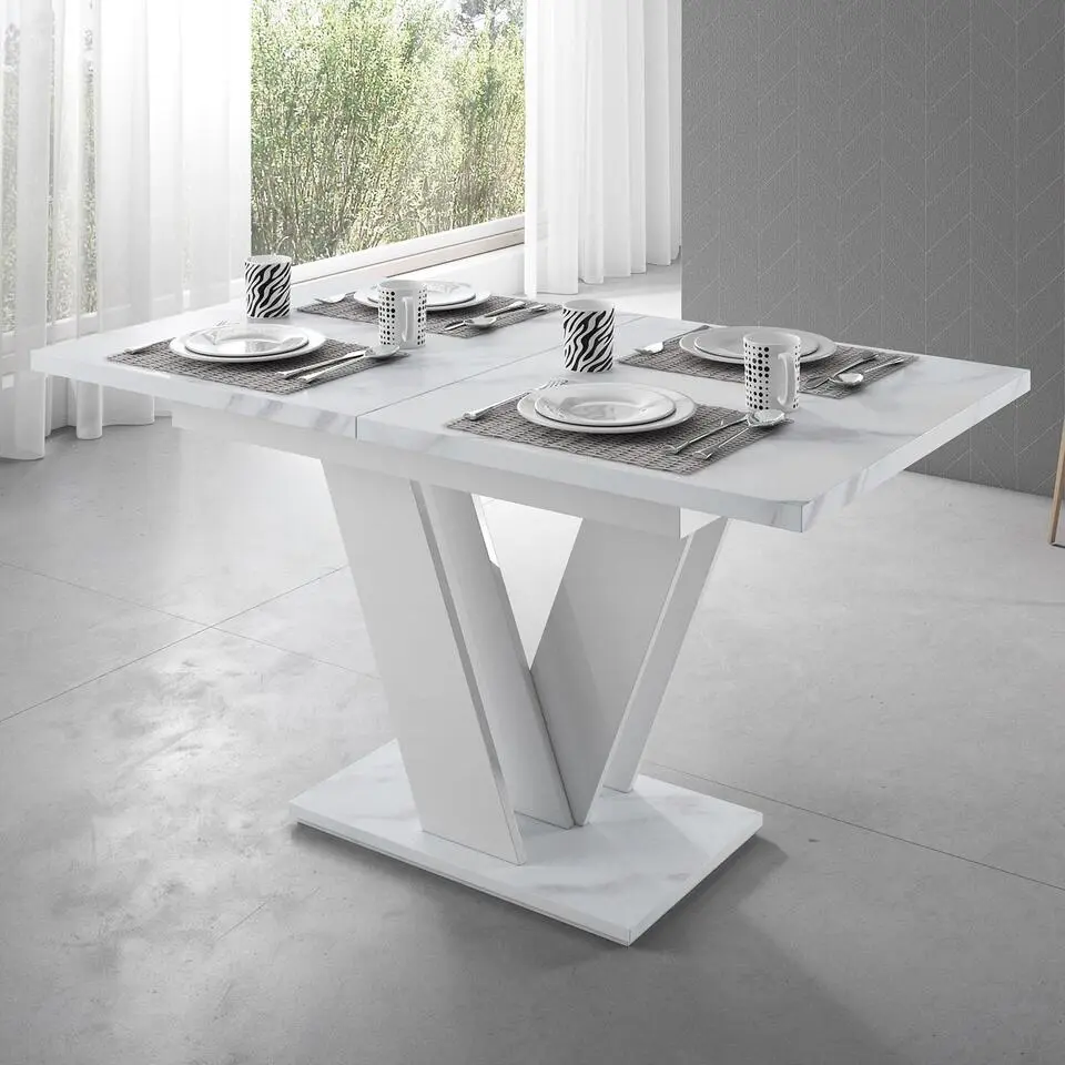 Meubella - Eetkamertafel Moris - Wit marmerlook 160cm - Uitschuifbaar