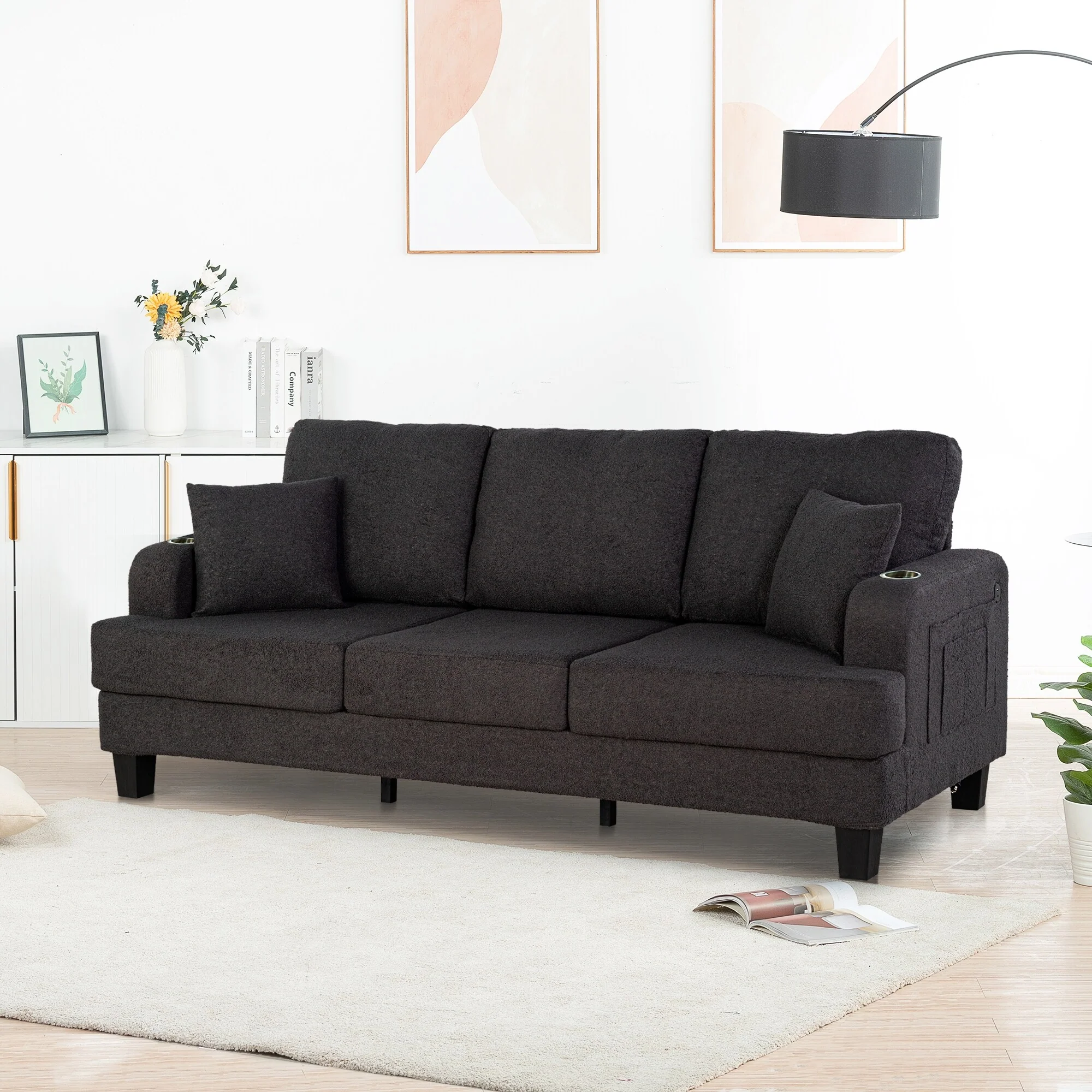 Modern Black Fabric 3-Piece Living Room Sofa Set with Loveset and Ottoman