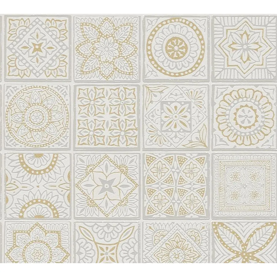 A.S. Cr&eacute;ation behang tegelmotief goud, grijs, wit en metallic - 53 cm x 10.05 m