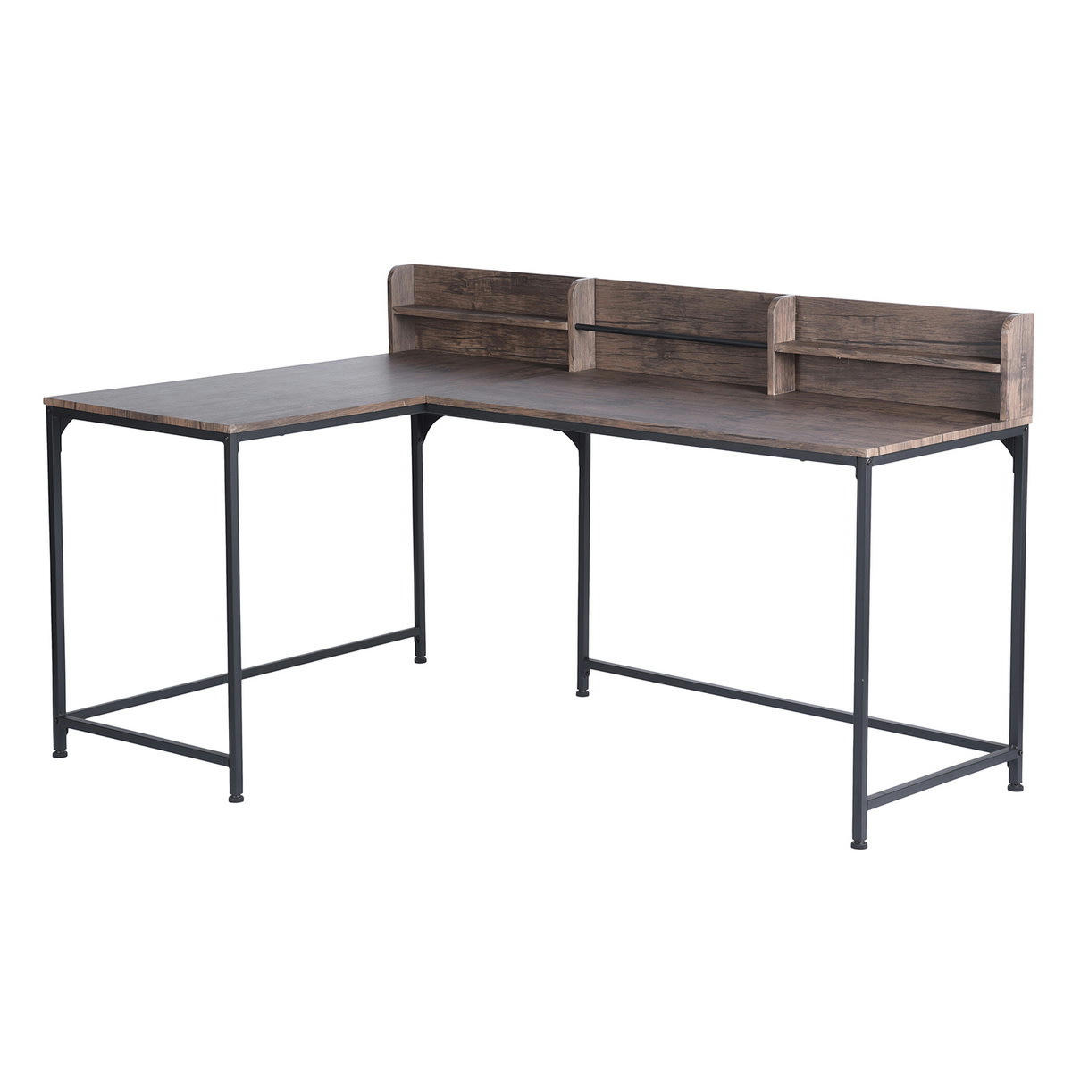 - Grand bureau d'angle style industriel avec rangement effet bois