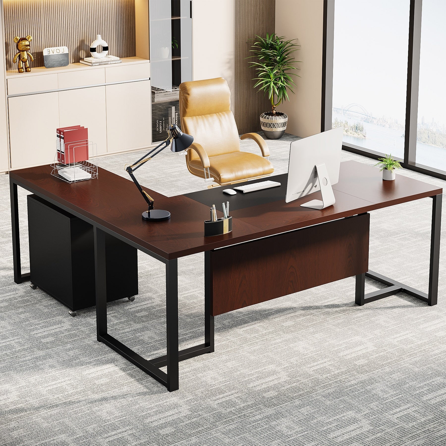 70.8’’ Executive Desk with File Cabinet, Large L-Shaped Office Executive Desk Computer Desk