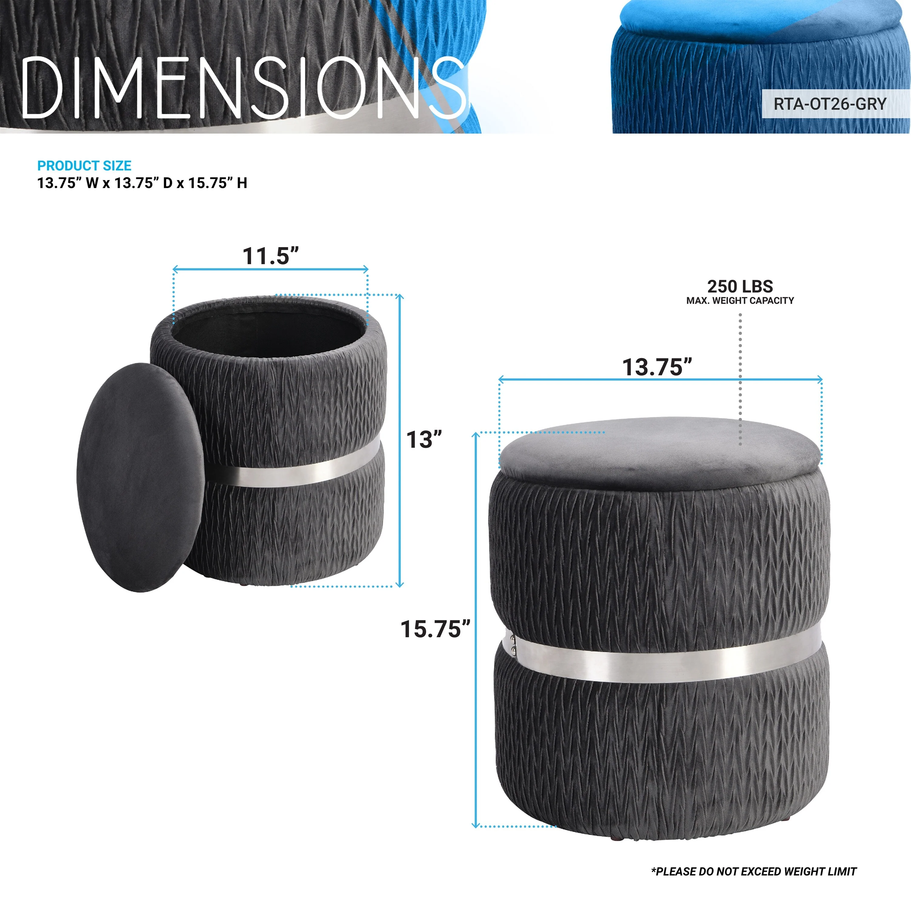 Techni Mobili Modern Velvet Round Ottoman Comfortable choice, multiple functions, classic design, and cozy corners with Storage,