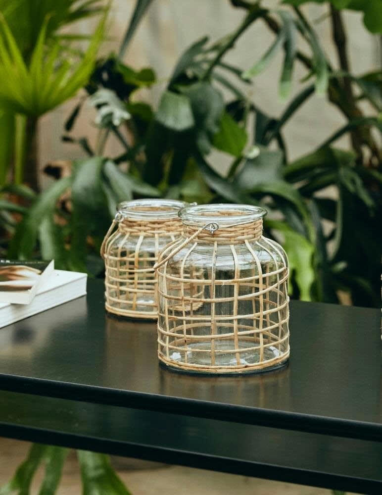 BAMBOU - Lanterne en verre et bambou beige