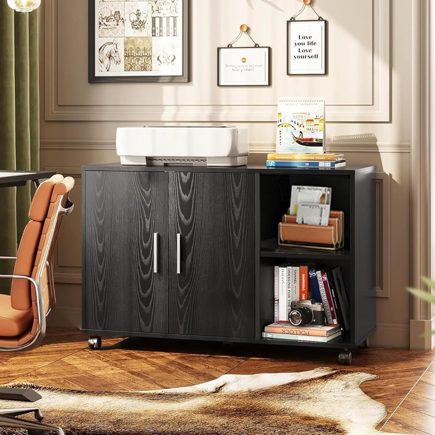 DEVAISE Office Storage Cabinet with Doors and Shelves, Lateral Printer Stand for Office Supplies and File Storage, Filing Cabinet for Home Office, Black