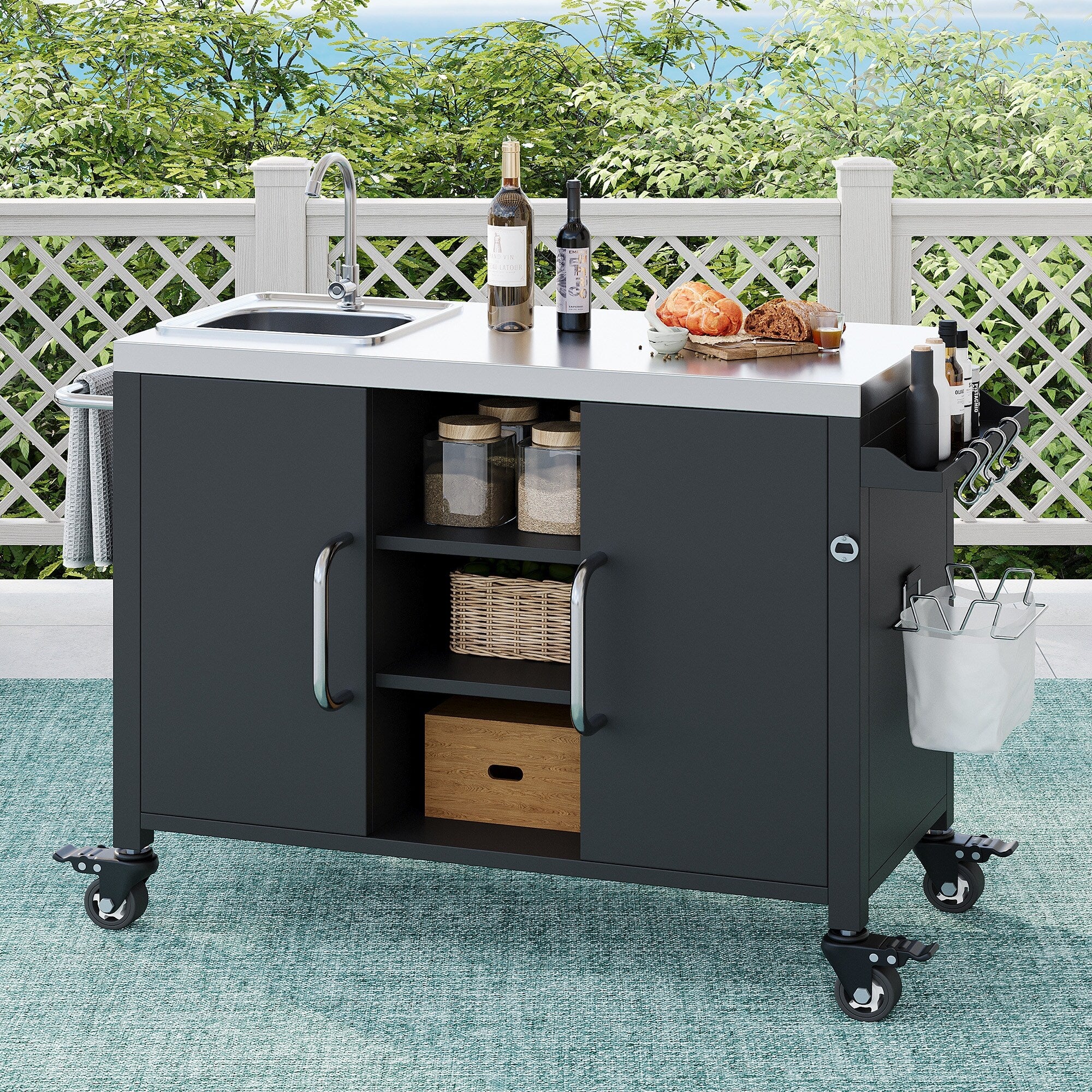 55.5 Outdoor Kitchen Island with Stainless Steel Sink & Faucet, Built-In Organizers, Metal Grill Cart Table w/ Lockable Wheels