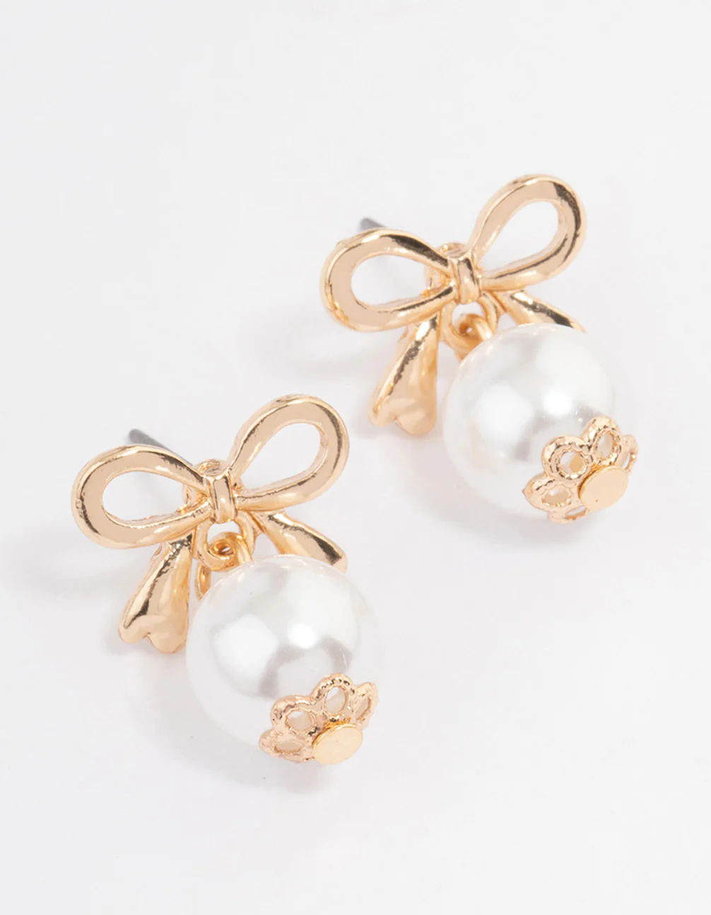 Gold Bow Pearl Drop Earrings