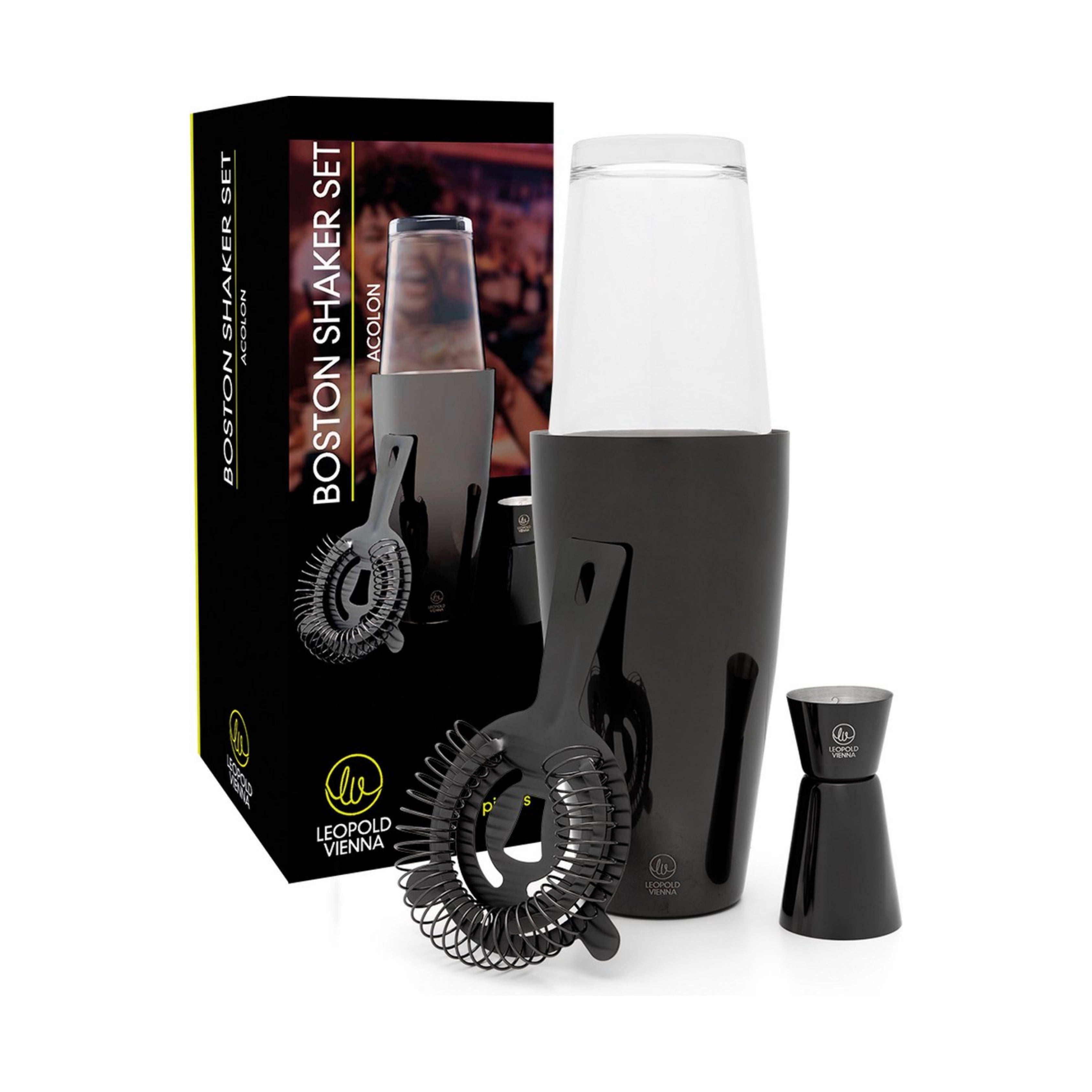 Leopold Vienna - Cocktail set Boston RVS zwart (cocktail shaker, pipet, strainer) cadeau giftset