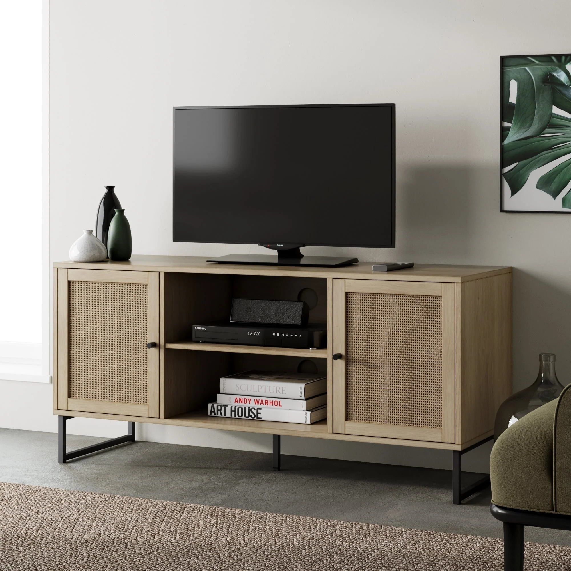 Nathan James Mina Modern TV Stand Entertainment Cabinet Media Console Oak Wood and Black Accents w/ Storage Doors