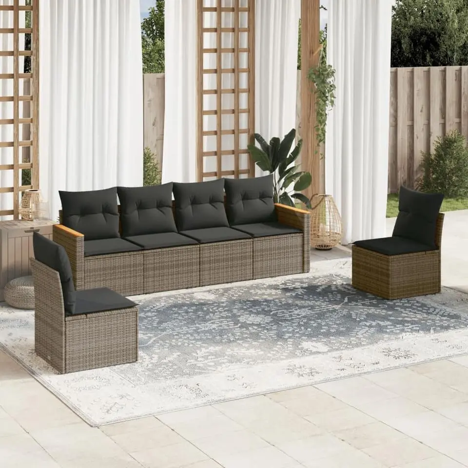 vidaXL 6-delige Loungeset met kussens en hout armsteun - Grijs - Poly rattan