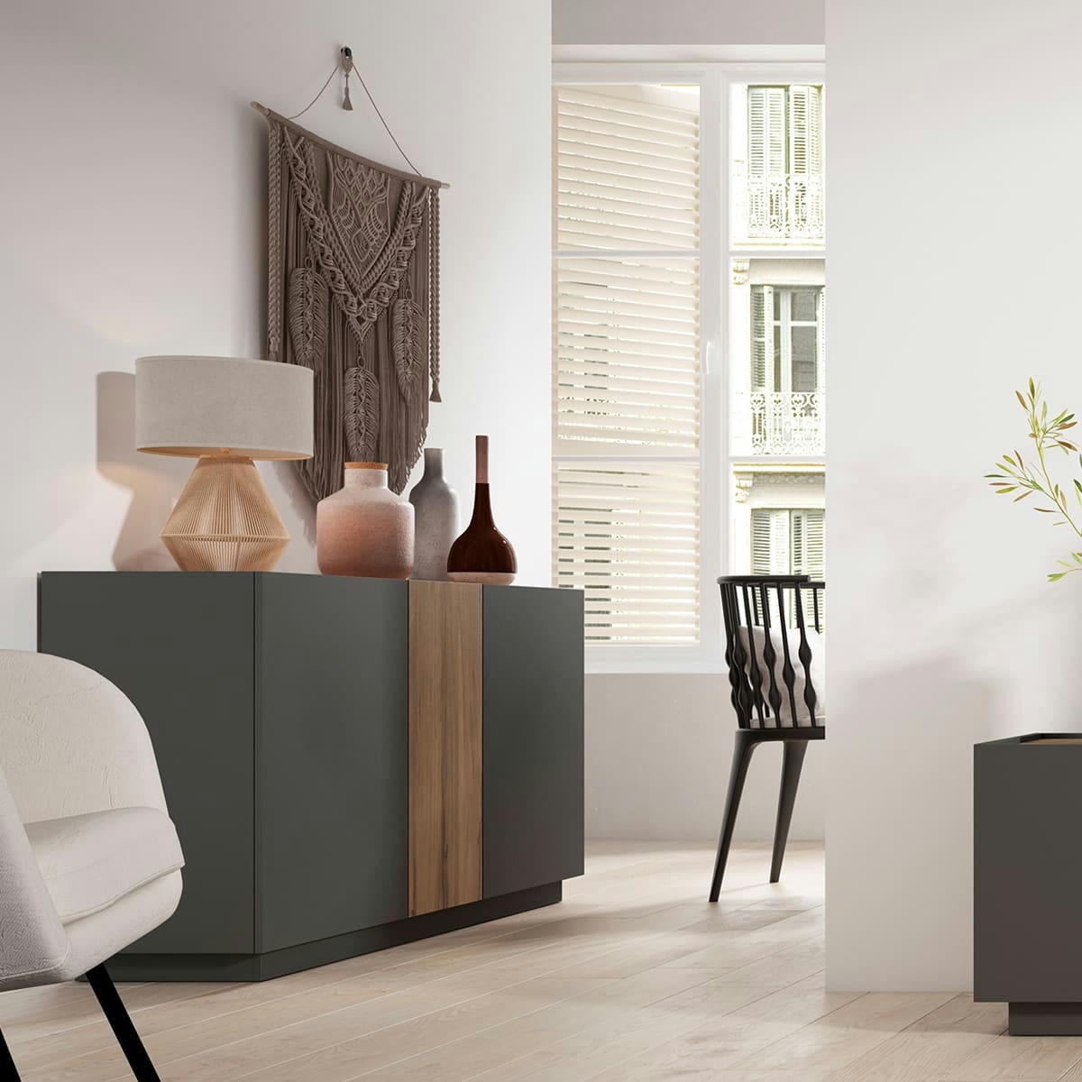 JOSIE - Buffet 3 portes gris anthracite et effet bois 130 cm