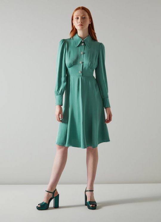 Mira Green Crepe Long Sleeve Tea Dress